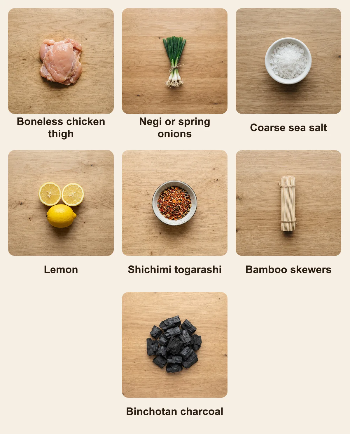 Everything you need for Negima, laid out from above: Boneless chicken thigh, Negi or spring onions, Coarse sea salt, Lemon, Shichimi togarashi, Bamboo skewers, Binchotan charcoal (AI illustration)