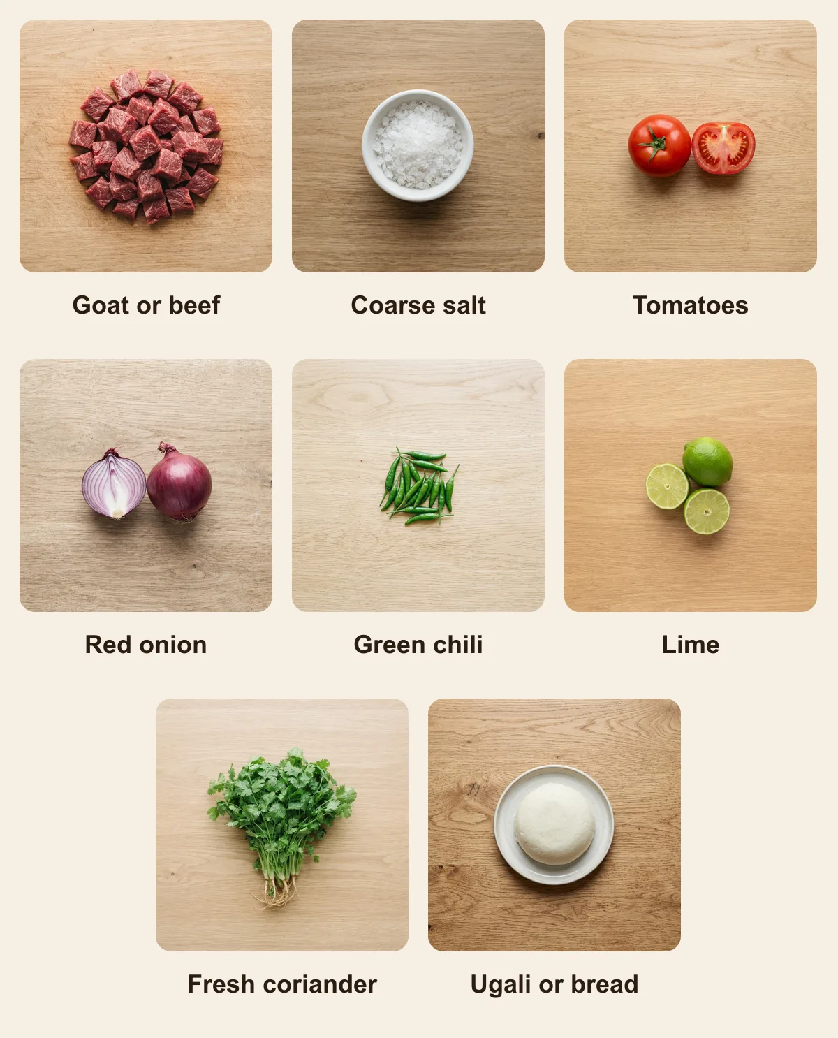 Everything you need for Nyama Choma Skewers, laid out from above: Goat or beef, Coarse salt, Tomatoes, Red onion, Green chili, Lime, Fresh coriander, Ugali or bread (AI illustration)