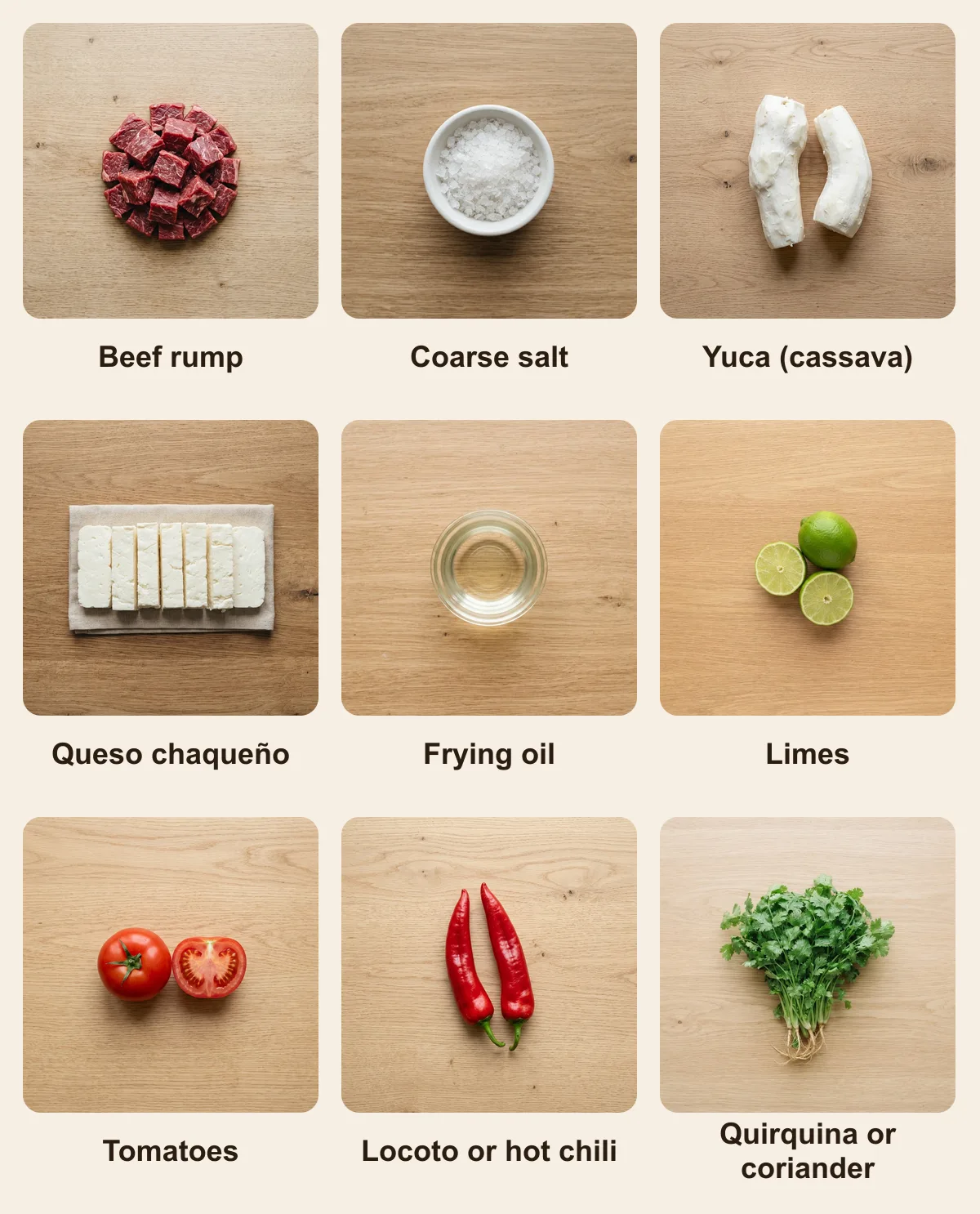 Everything you need for Pacumutu, laid out from above: Beef rump, Coarse salt, Yuca (cassava), Queso chaqueño, Frying oil, Limes, Tomatoes, Locoto or hot chili, Quirquina or coriander (AI illustration)