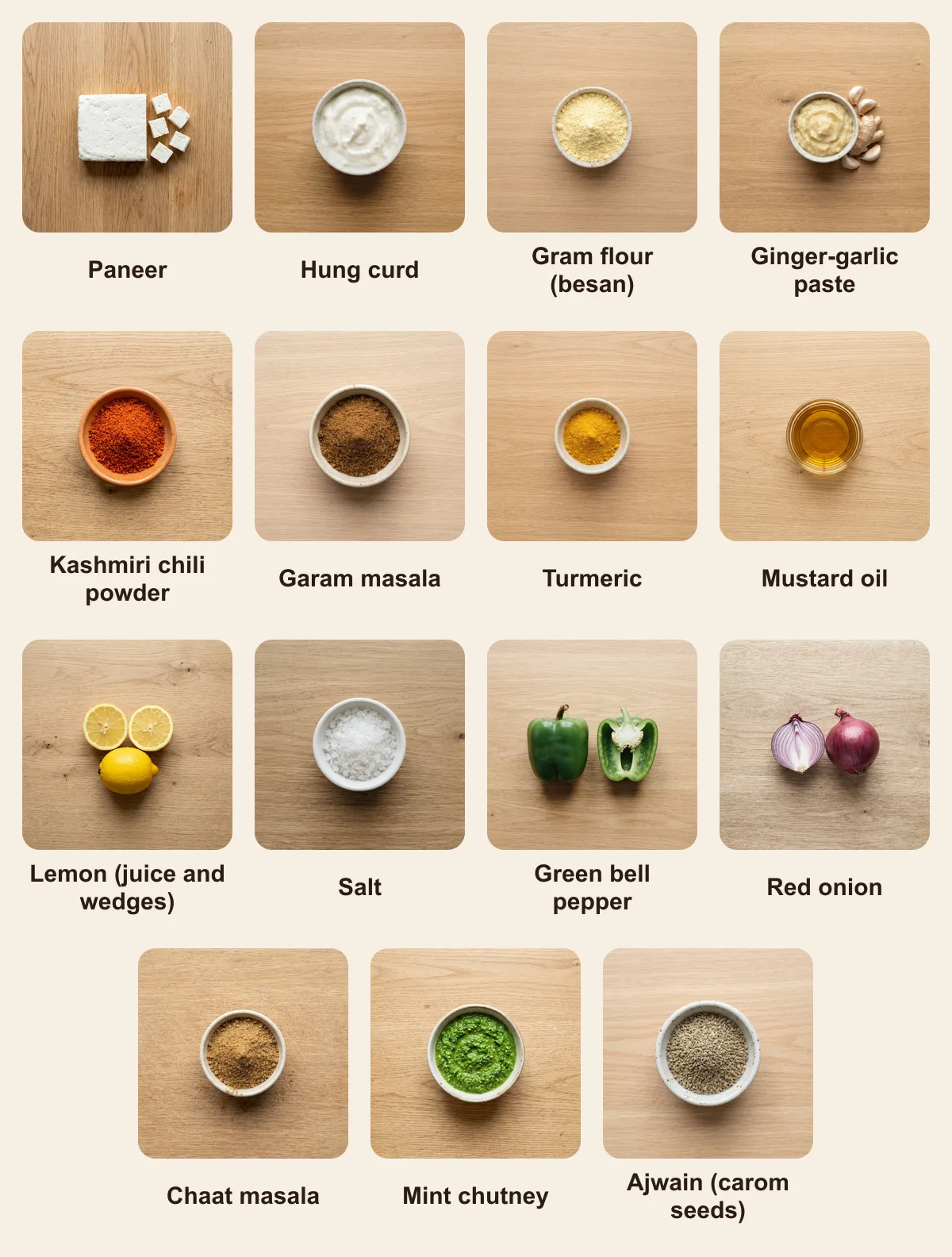 Everything you need for Paneer Tikka, laid out from above: Paneer, Hung curd, Gram flour (besan), Ginger-garlic paste, Kashmiri chili powder, Garam masala, Turmeric, Mustard oil, Lemon (juice and wedges), Salt, Green bell pepper, Red onion, Chaat masala, Mint chutney, Ajwain (carom seeds) (AI illustration)