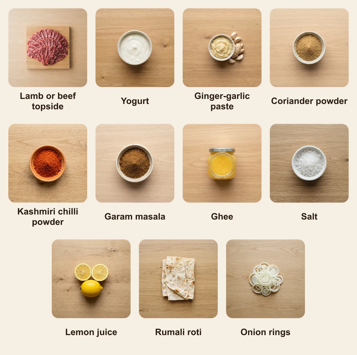 Everything you need for Pasanda Kebab, laid out from above: Lamb or beef topside, Yogurt, Ginger-garlic paste, Coriander powder, Kashmiri chilli powder, Garam masala, Ghee, Salt, Lemon juice, Rumali roti, Onion rings (AI illustration)