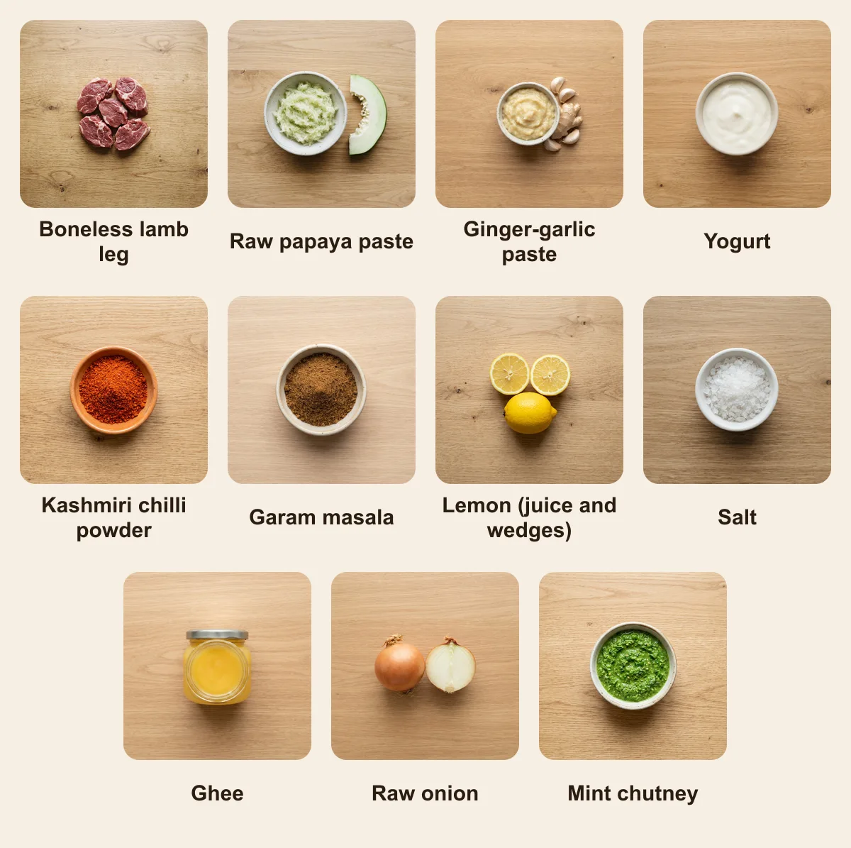 Everything you need for Patthar ka Gosht, laid out from above: Boneless lamb leg, Raw papaya paste, Ginger-garlic paste, Yogurt, Kashmiri chilli powder, Garam masala, Lemon (juice and wedges), Salt, Ghee, Raw onion, Mint chutney (AI illustration)