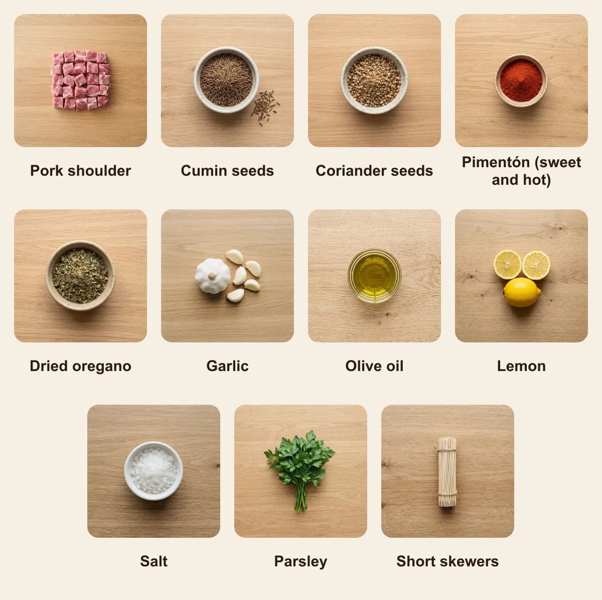 Everything you need for Pinchos morunos, laid out from above: Pork shoulder, Cumin seeds, Coriander seeds, Pimentón (sweet and hot), Dried oregano, Garlic, Olive oil, Lemon, Salt, Parsley, Short skewers (AI illustration)