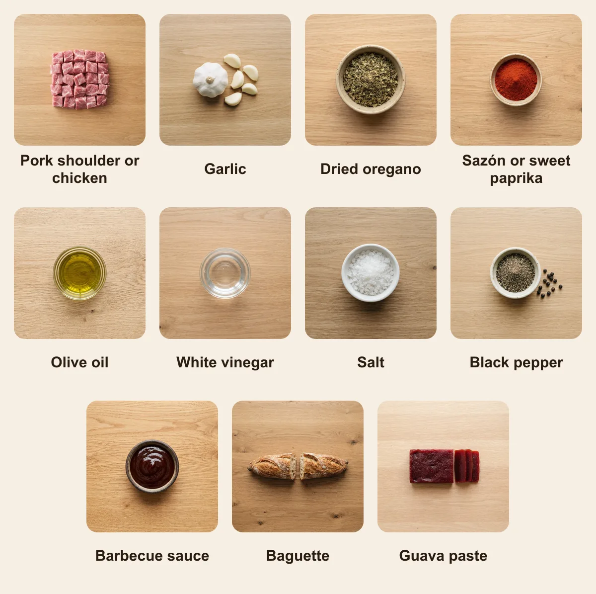 Everything you need for Pinchos, laid out from above: Pork shoulder or chicken, Garlic, Dried oregano, Sazón or sweet paprika, Olive oil, White vinegar, Salt, Black pepper, Barbecue sauce, Baguette, Guava paste (AI illustration)