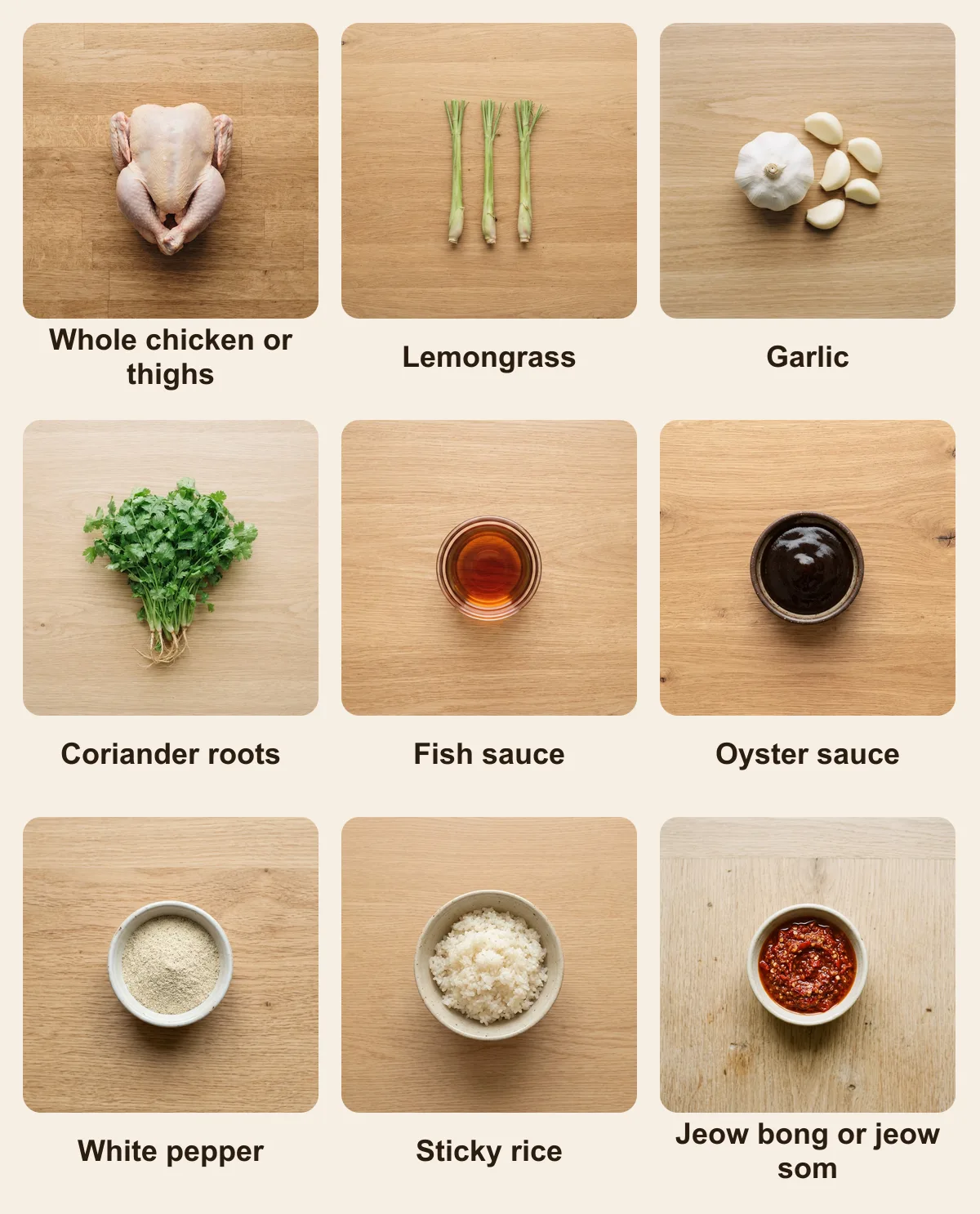 Everything you need for Ping Kai, laid out from above: Whole chicken or thighs, Lemongrass, Garlic, Coriander roots, Fish sauce, Oyster sauce, White pepper, Sticky rice, Jeow bong or jeow som (AI illustration)