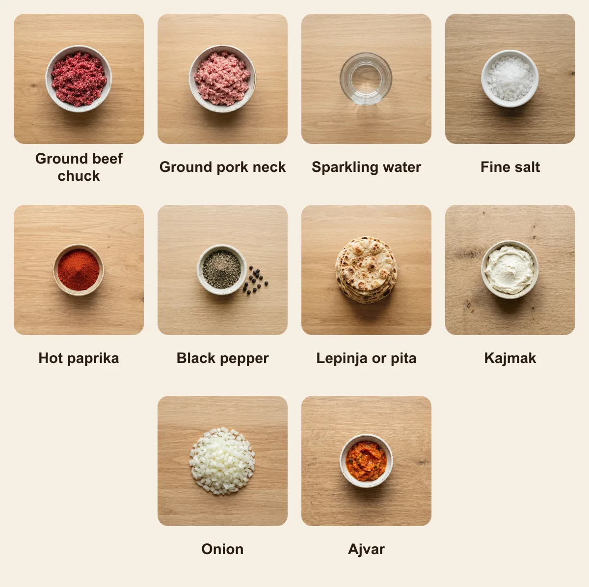 Everything you need for Pljeskavica, laid out from above: Ground beef chuck, Ground pork neck, Sparkling water, Fine salt, Hot paprika, Black pepper, Lepinja or pita, Kajmak, Onion, Ajvar (AI illustration)