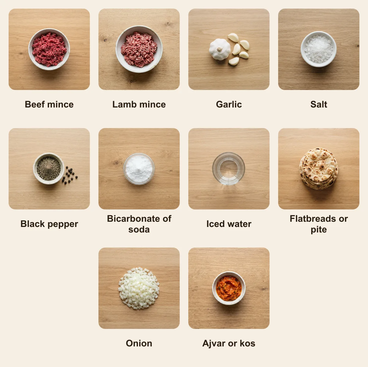 Everything you need for Qebapa, laid out from above: Beef mince, Lamb mince, Garlic, Salt, Black pepper, Bicarbonate of soda, Iced water, Flatbreads or pite, Onion, Ajvar or kos (AI illustration)