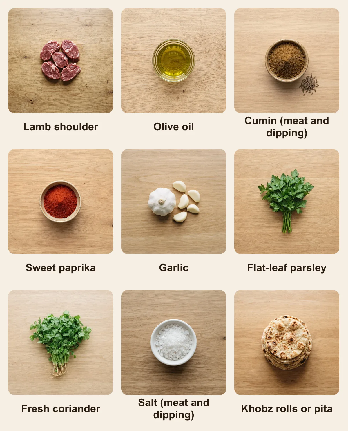 Everything you need for Qotban (Moroccan Lamb Brochettes), laid out from above: Lamb shoulder, Olive oil, Cumin (meat and dipping), Sweet paprika, Garlic, Flat-leaf parsley, Fresh coriander, Salt (meat and dipping), Khobz rolls or pita (AI illustration)