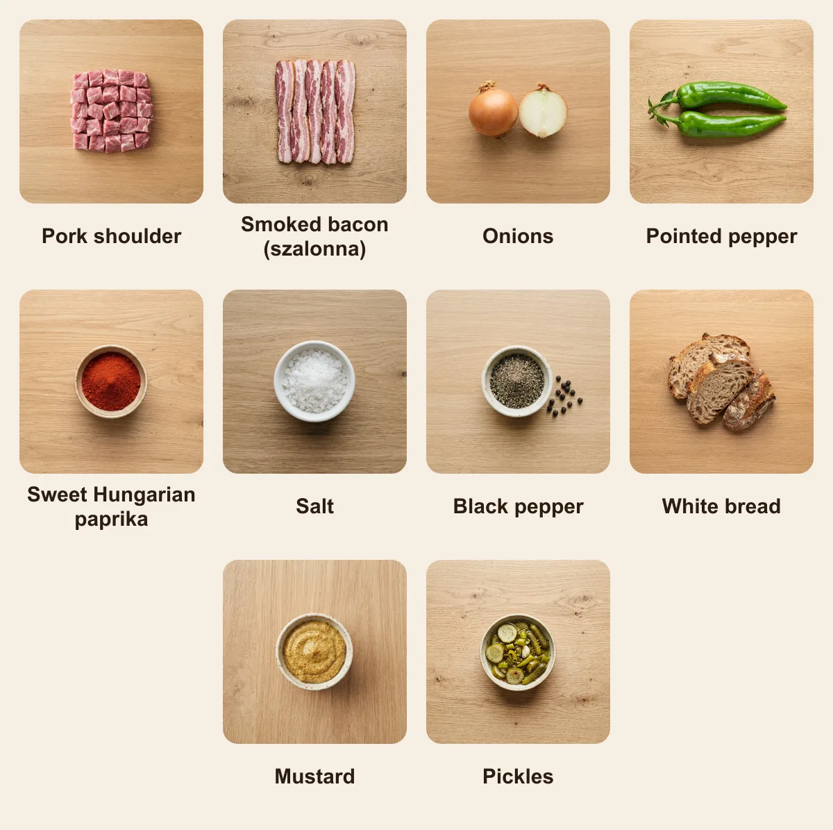 Everything you need for Rablóhús, laid out from above: Pork shoulder, Smoked bacon (szalonna), Onions, Pointed pepper, Sweet Hungarian paprika, Salt, Black pepper, White bread, Mustard, Pickles (AI illustration)