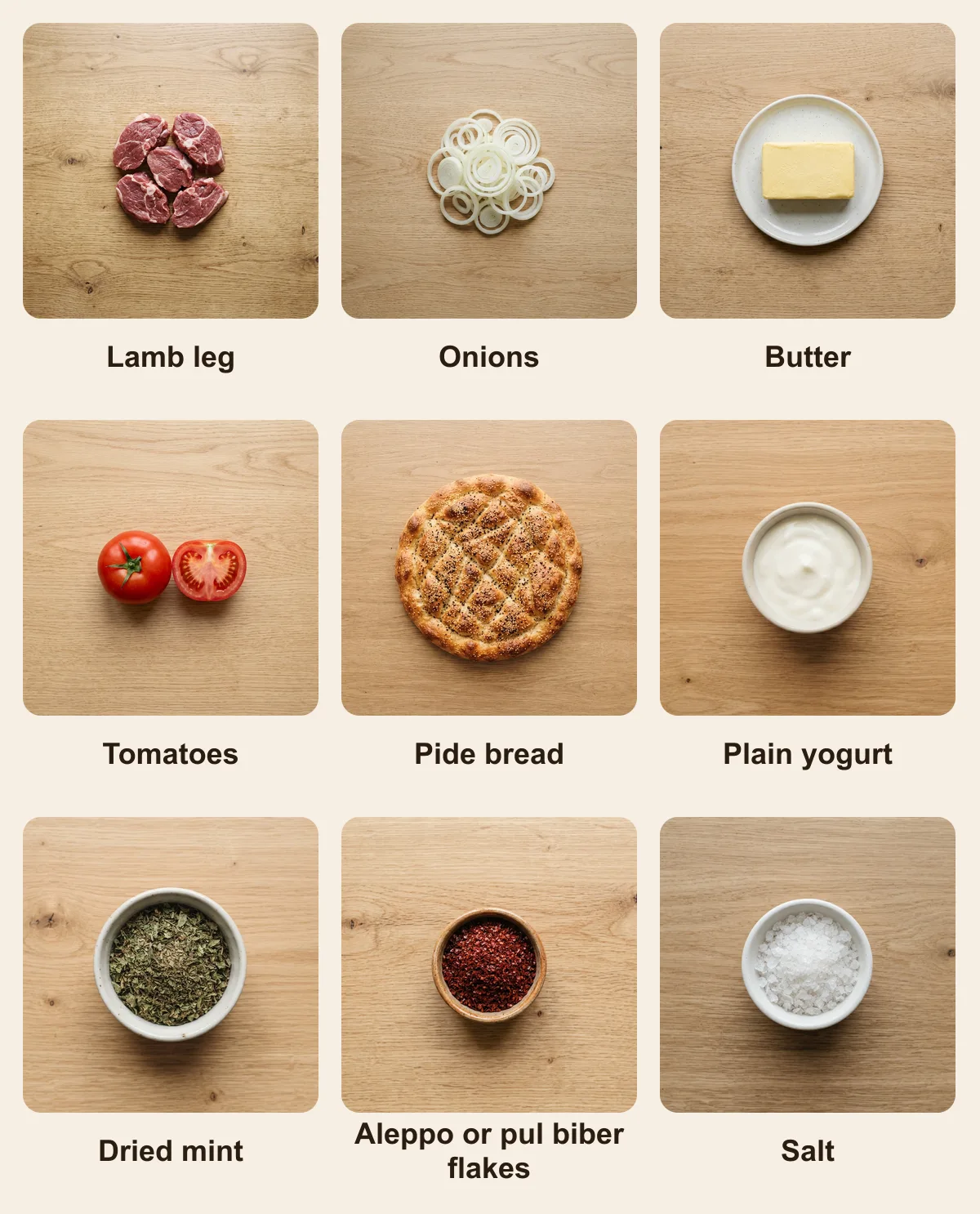 Everything you need for Ramazan Kebab, laid out from above: Lamb leg, Onions, Butter, Tomatoes, Pide bread, Plain yogurt, Dried mint, Aleppo or pul biber flakes, Salt (AI illustration)