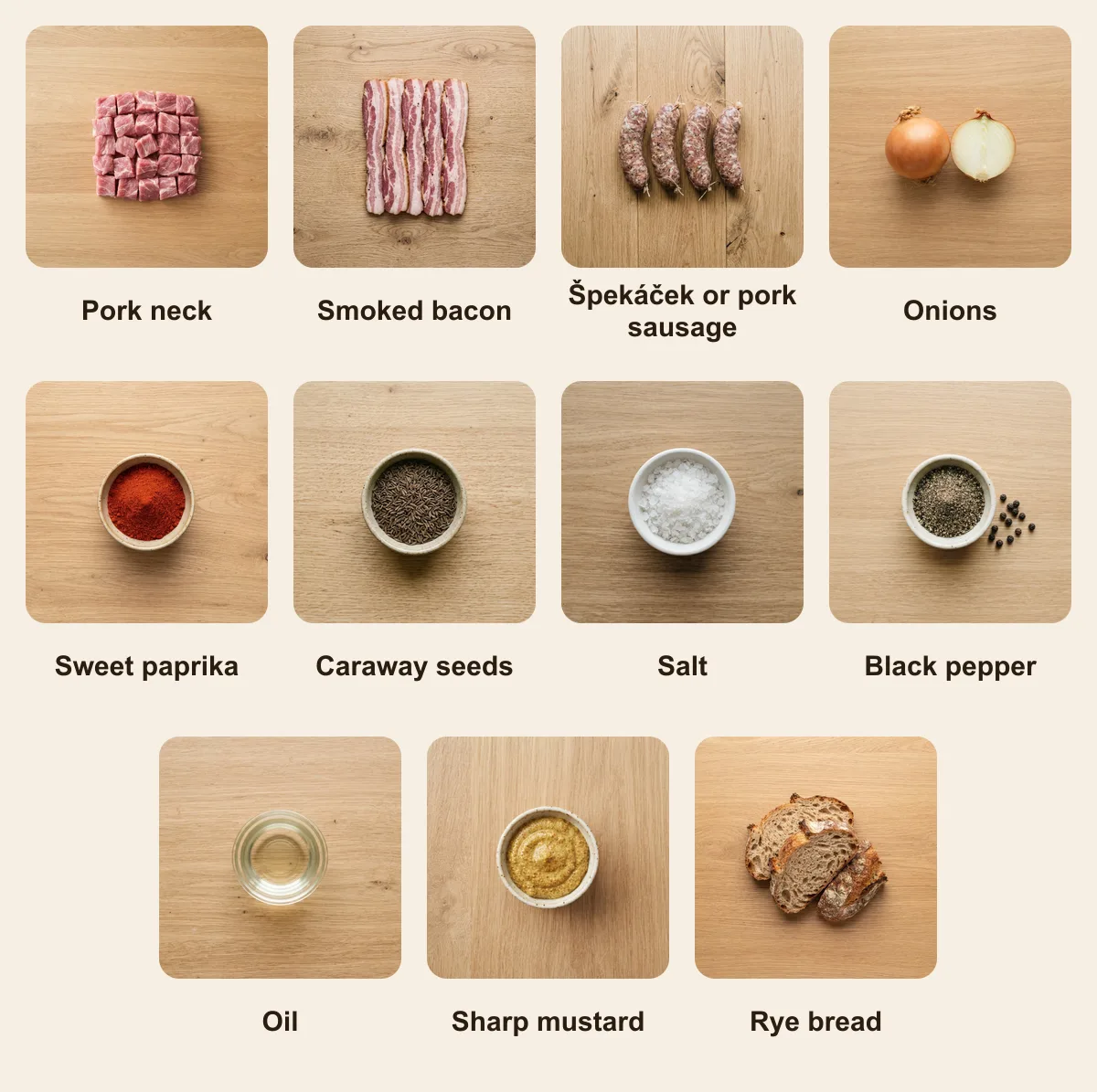Everything you need for Ražniči, laid out from above: Pork neck, Smoked bacon, Špekáček or pork sausage, Onions, Sweet paprika, Caraway seeds, Salt, Black pepper, Oil, Sharp mustard, Rye bread (AI illustration)