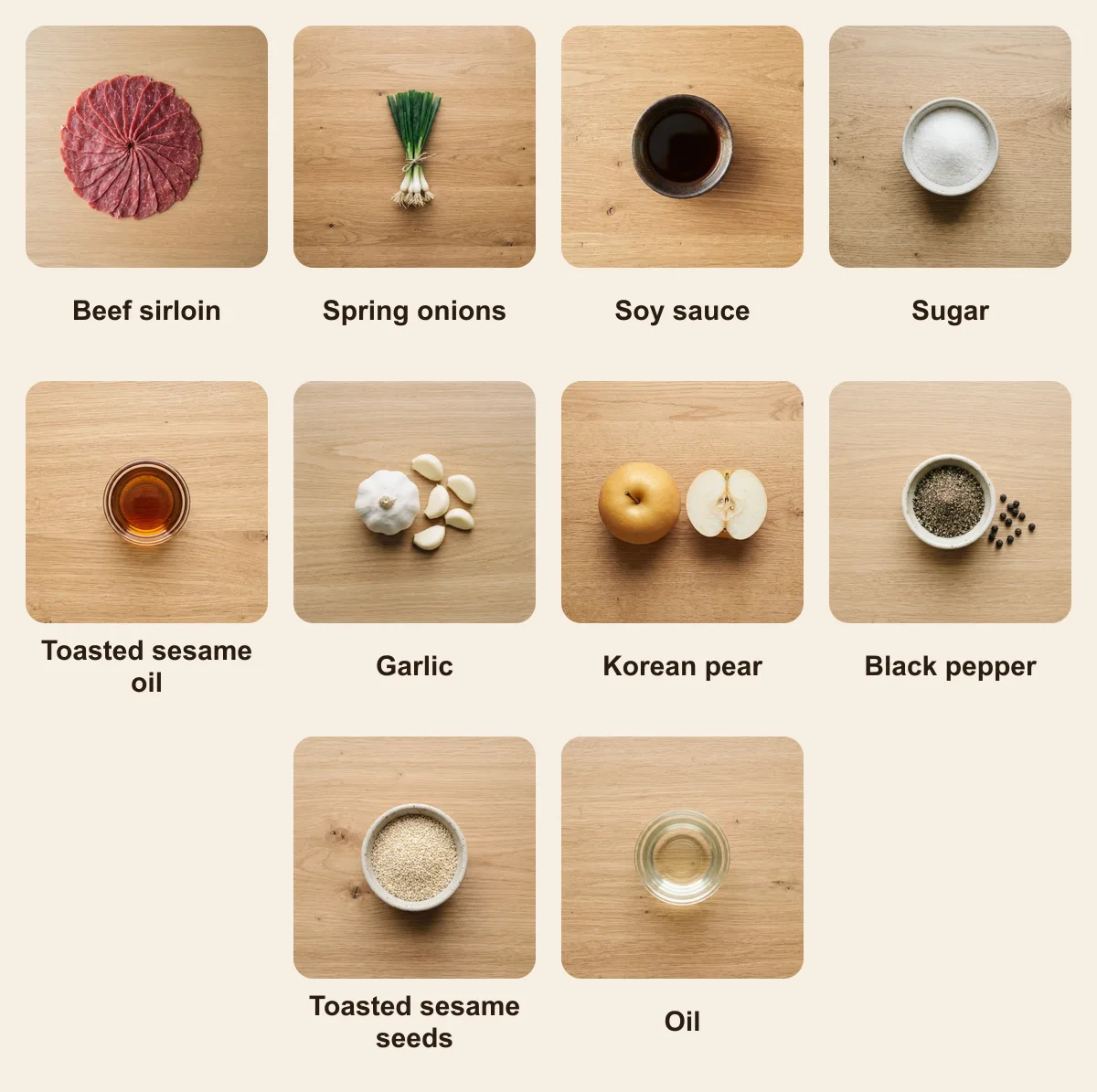 Everything you need for Sanjeok, laid out from above: Beef sirloin, Spring onions, Soy sauce, Sugar, Toasted sesame oil, Garlic, Korean pear, Black pepper, Toasted sesame seeds, Oil (AI illustration)