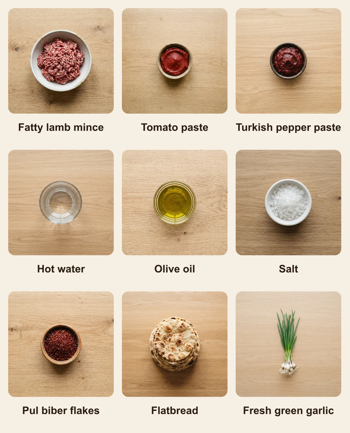 Everything you need for Sarimsak Kebab (Garlic Kebab), laid out from above: Fatty lamb mince, Tomato paste, Turkish pepper paste, Hot water, Olive oil, Salt, Pul biber flakes, Flatbread, Fresh green garlic (AI illustration)