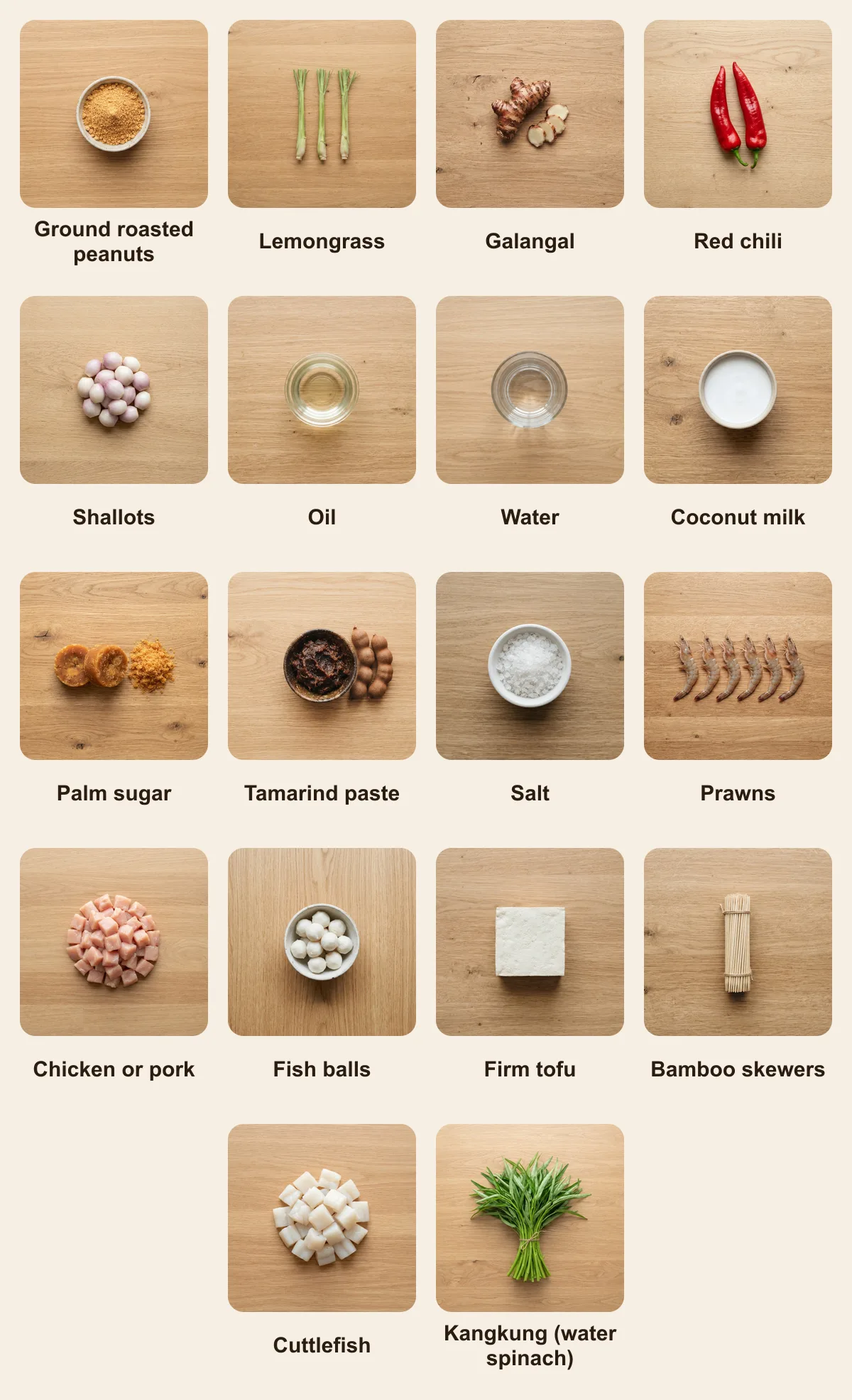 Everything you need for Satay Celup, laid out from above: Ground roasted peanuts, Lemongrass, Galangal, Red chili, Shallots, Oil, Water, Coconut milk, Palm sugar, Tamarind paste, Salt, Prawns, Chicken or pork, Fish balls, Firm tofu, Bamboo skewers, Cuttlefish, Kangkung (water spinach) (AI illustration)