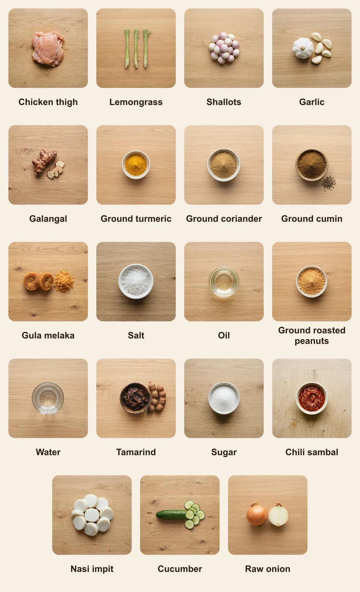 Everything you need for Satay Kajang, laid out from above: Chicken thigh, Lemongrass, Shallots, Garlic, Galangal, Ground turmeric, Ground coriander, Ground cumin, Gula melaka, Salt, Oil, Ground roasted peanuts, Water, Tamarind, Sugar, Chili sambal, Nasi impit, Cucumber, Raw onion (AI illustration)