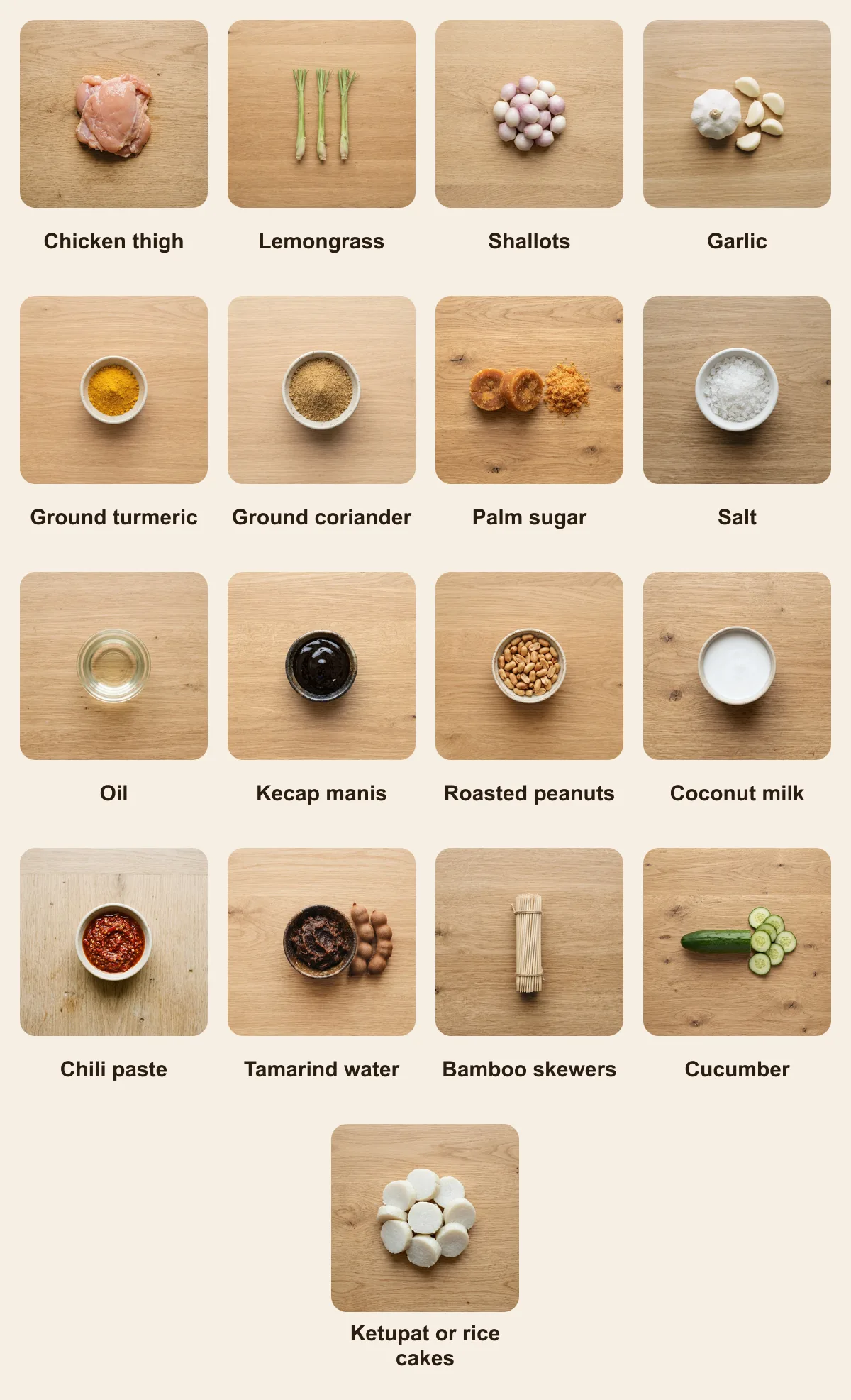 Everything you need for Satay, laid out from above: Chicken thigh, Lemongrass, Shallots, Garlic, Ground turmeric, Ground coriander, Palm sugar, Salt, Oil, Kecap manis, Roasted peanuts, Coconut milk, Chili paste, Tamarind water, Bamboo skewers, Cucumber, Ketupat or rice cakes (AI illustration)