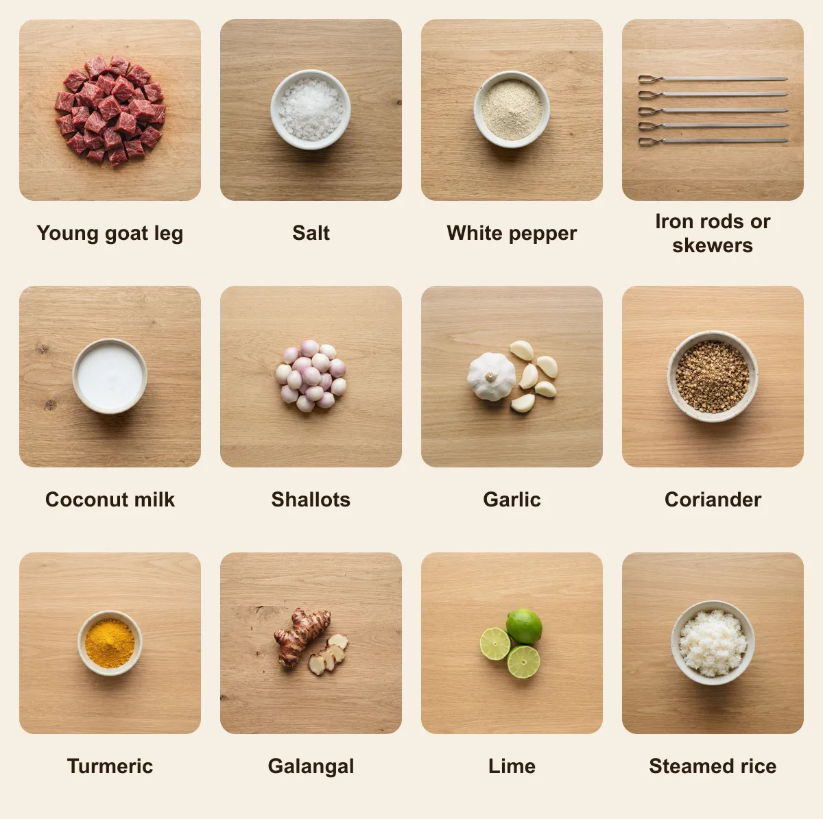 Everything you need for Sate Klathak, laid out from above: Young goat leg, Salt, White pepper, Iron rods or skewers, Coconut milk, Shallots, Garlic, Coriander, Turmeric, Galangal, Lime, Steamed rice (AI illustration)