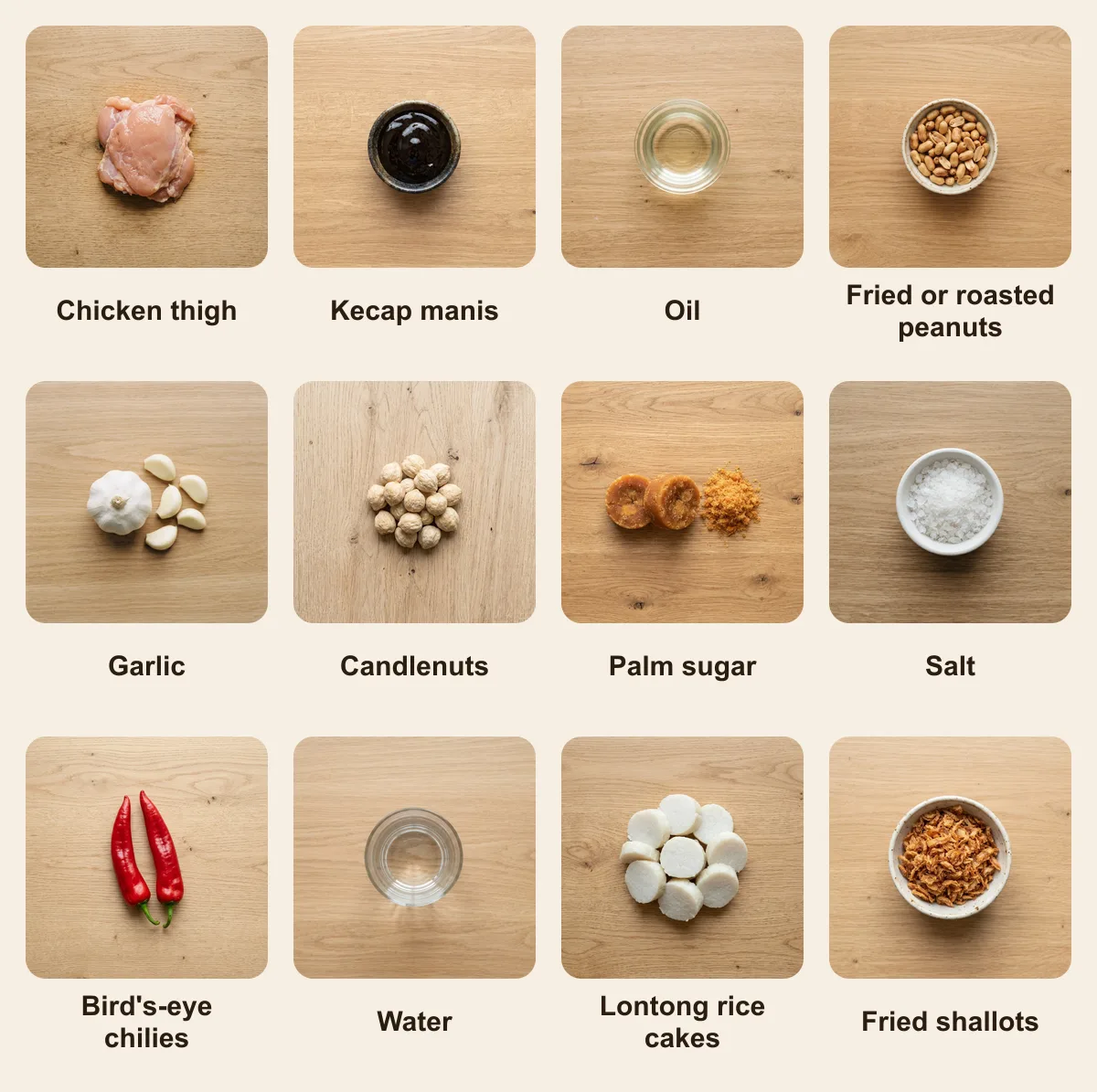 Everything you need for Sate Madura, laid out from above: Chicken thigh, Kecap manis, Oil, Fried or roasted peanuts, Garlic, Candlenuts, Palm sugar, Salt, Bird's-eye chilies, Water, Lontong rice cakes, Fried shallots (AI illustration)