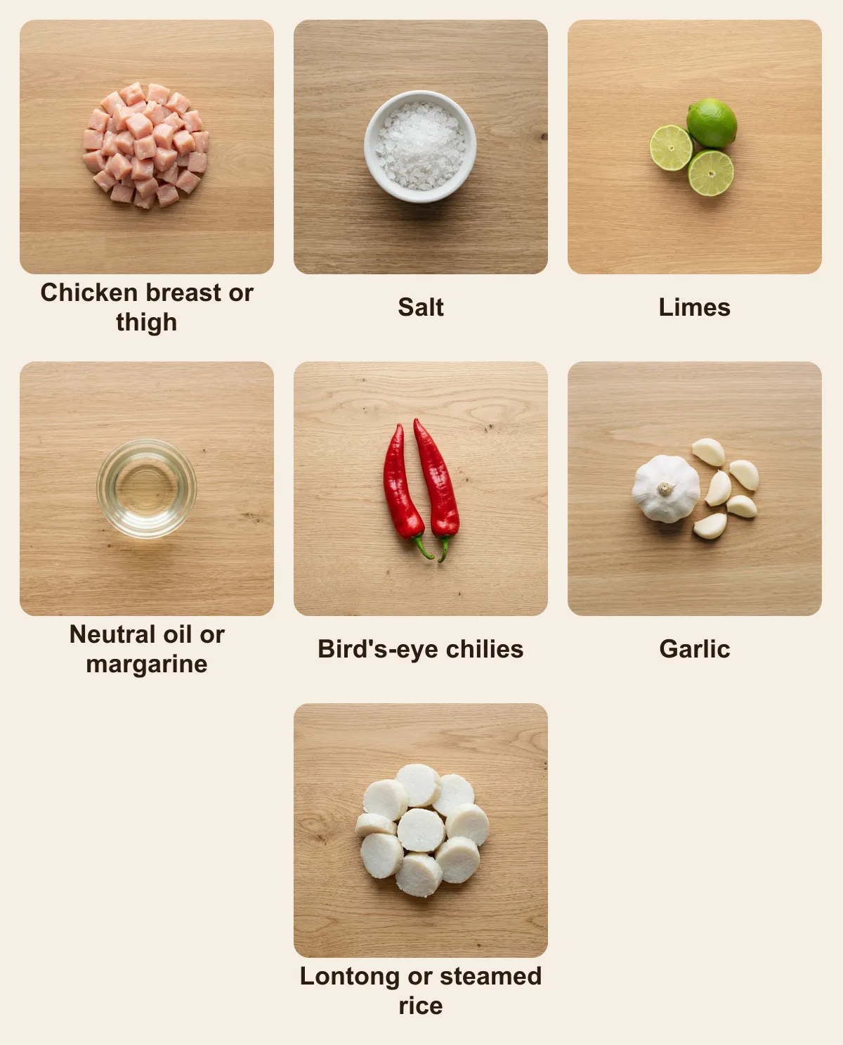 Everything you need for Sate Taichan, laid out from above: Chicken breast or thigh, Salt, Limes, Neutral oil or margarine, Bird's-eye chilies, Garlic, Lontong or steamed rice (AI illustration)