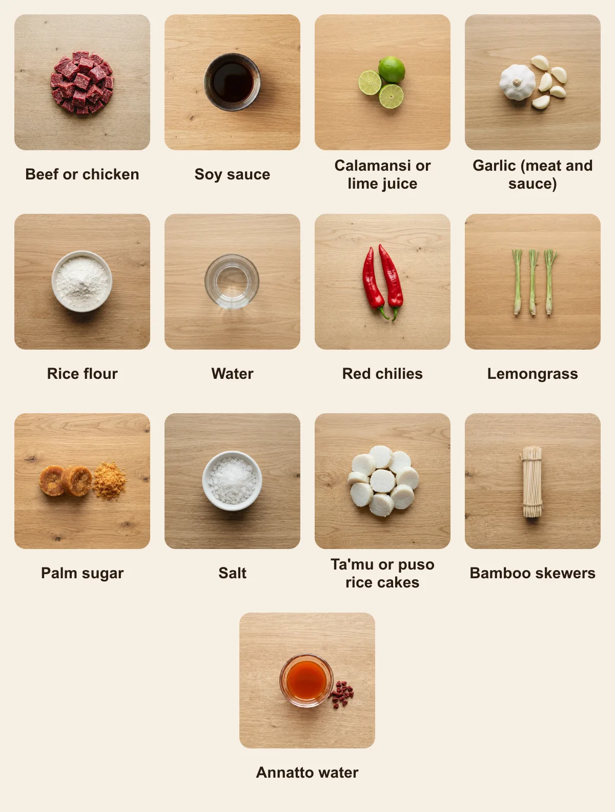 Everything you need for Satti, laid out from above: Beef or chicken, Soy sauce, Calamansi or lime juice, Garlic (meat and sauce), Rice flour, Water, Red chilies, Lemongrass, Palm sugar, Salt, Ta'mu or puso rice cakes, Bamboo skewers, Annatto water (AI illustration)