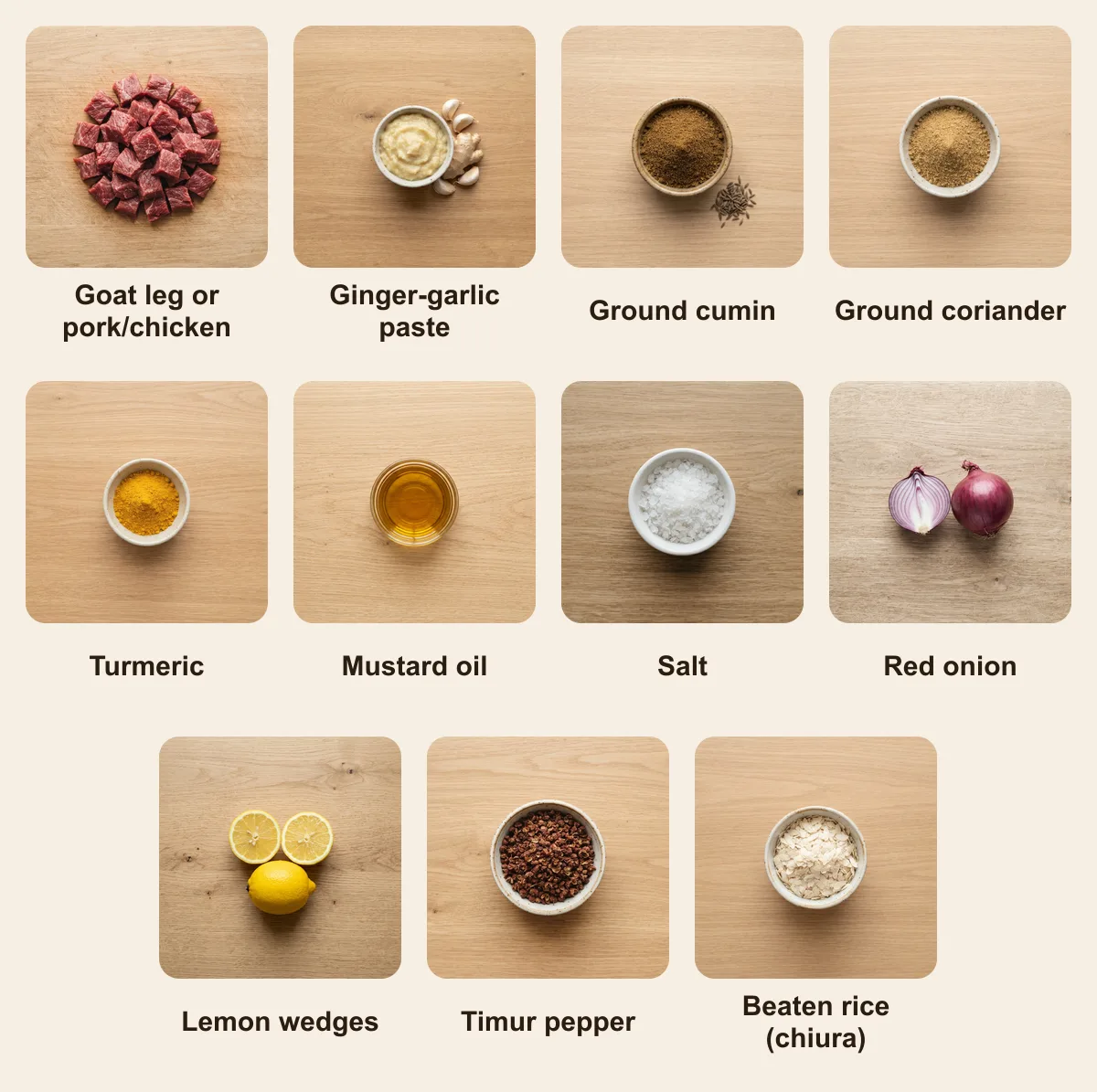 Everything you need for Sekuwa, laid out from above: Goat leg or pork/chicken, Ginger-garlic paste, Ground cumin, Ground coriander, Turmeric, Mustard oil, Salt, Red onion, Lemon wedges, Timur pepper, Beaten rice (chiura) (AI illustration)
