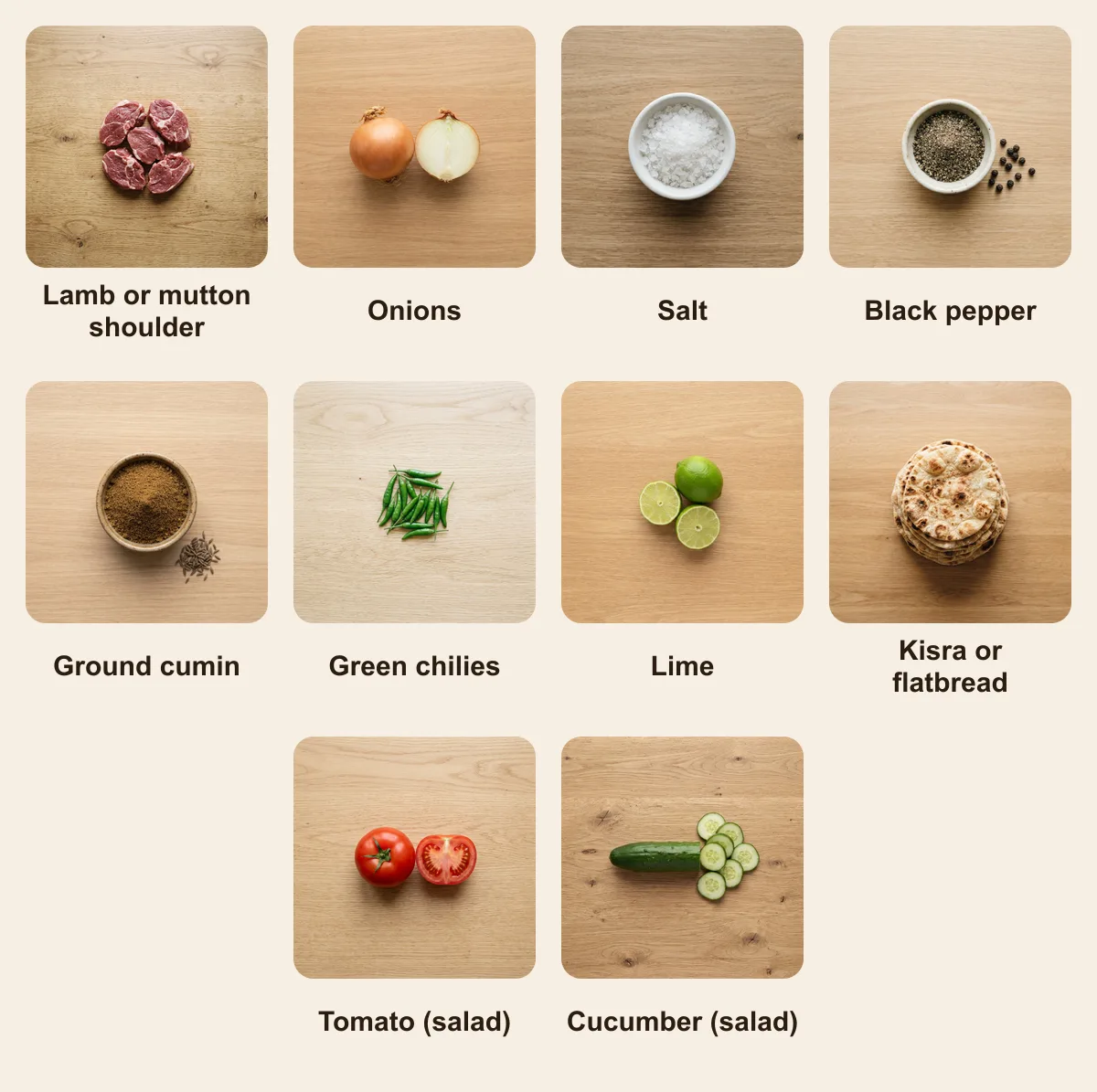 Everything you need for Shaiyah, laid out from above: Lamb or mutton shoulder, Onions, Salt, Black pepper, Ground cumin, Green chilies, Lime, Kisra or flatbread, Tomato (salad), Cucumber (salad) (AI illustration)