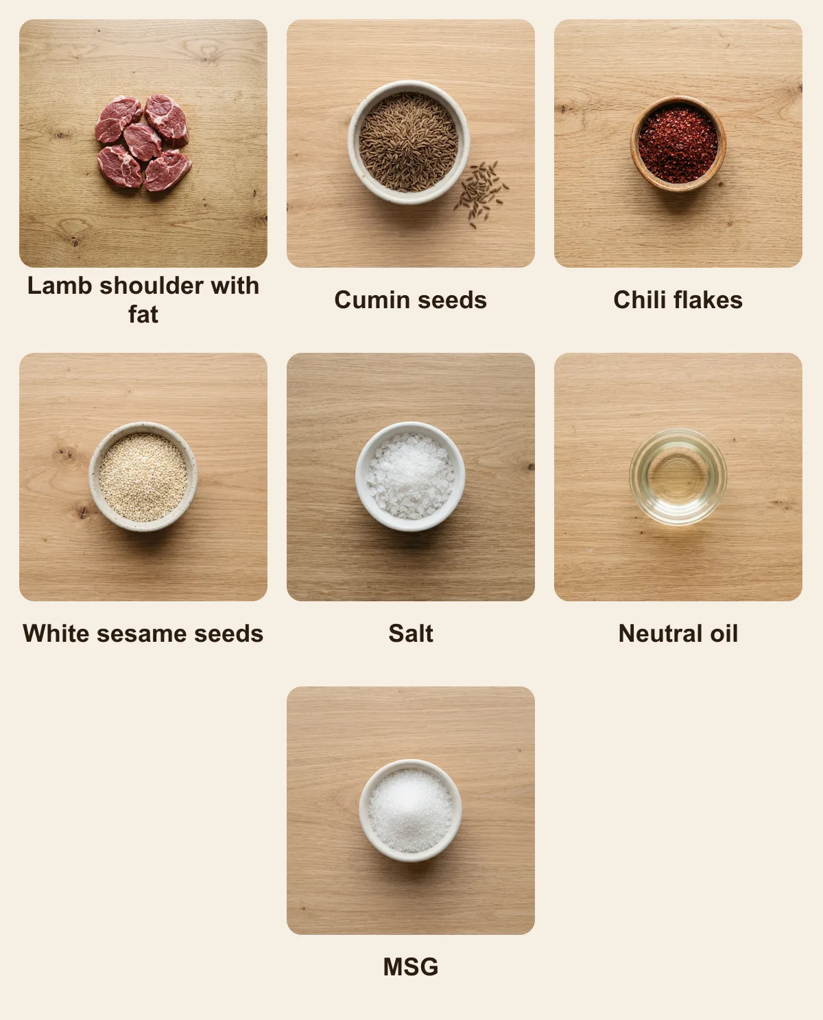 Everything you need for Shao Kao, laid out from above: Lamb shoulder with fat, Cumin seeds, Chili flakes, White sesame seeds, Salt, Neutral oil, MSG (AI illustration)