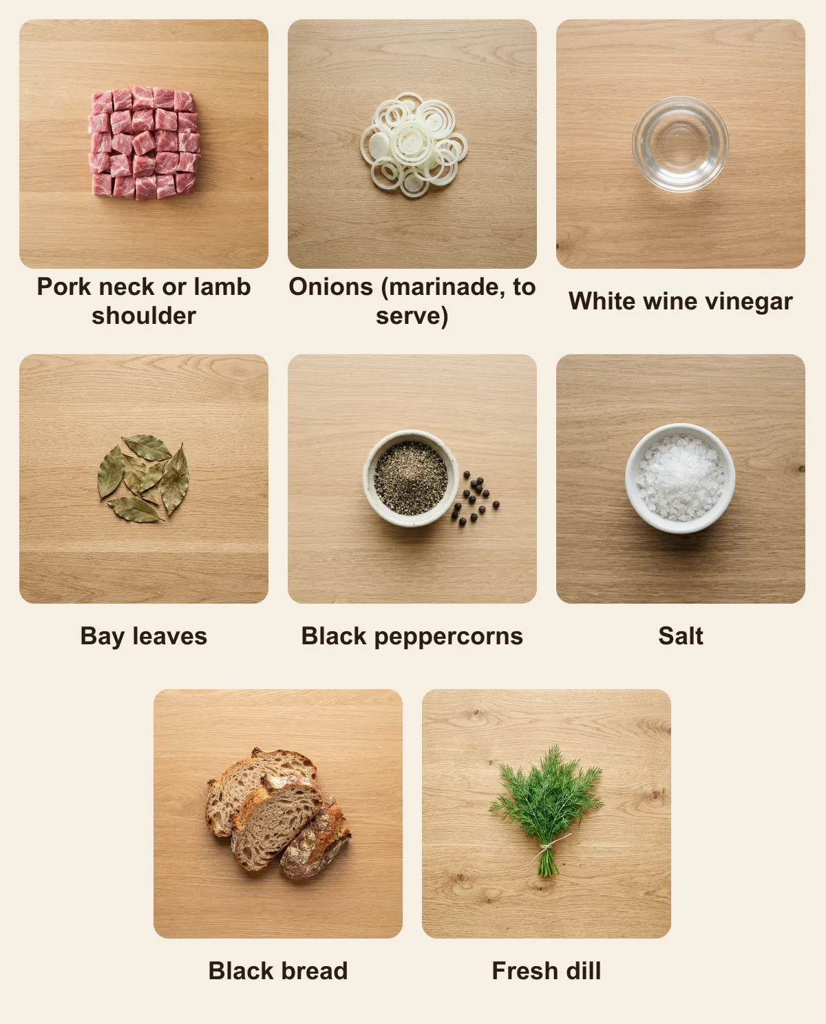 Everything you need for Shashlik, laid out from above: Pork neck or lamb shoulder, Onions (marinade, to serve), White wine vinegar, Bay leaves, Black peppercorns, Salt, Black bread, Fresh dill (AI illustration)