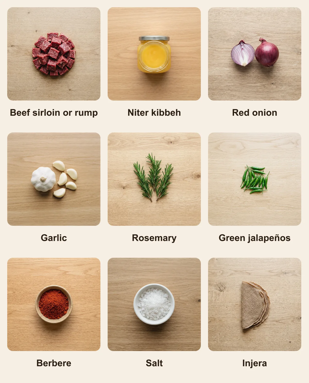 Everything you need for Shekla Tibs, laid out from above: Beef sirloin or rump, Niter kibbeh, Red onion, Garlic, Rosemary, Green jalapeños, Berbere, Salt, Injera (AI illustration)