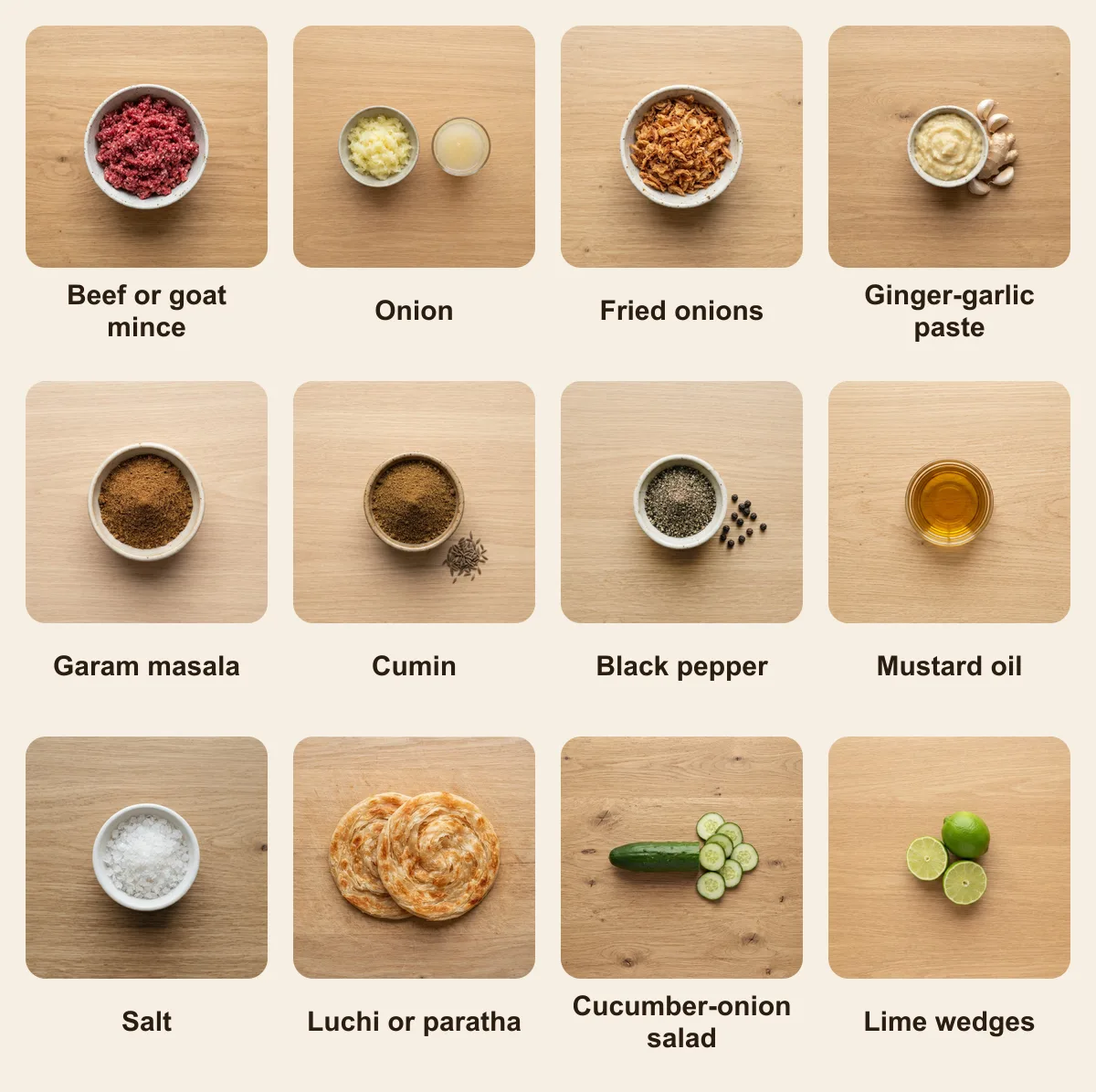 Everything you need for Shik Kabab (Dhaka), laid out from above: Beef or goat mince, Onion, Fried onions, Ginger-garlic paste, Garam masala, Cumin, Black pepper, Mustard oil, Salt, Luchi or paratha, Cucumber-onion salad, Lime wedges (AI illustration)