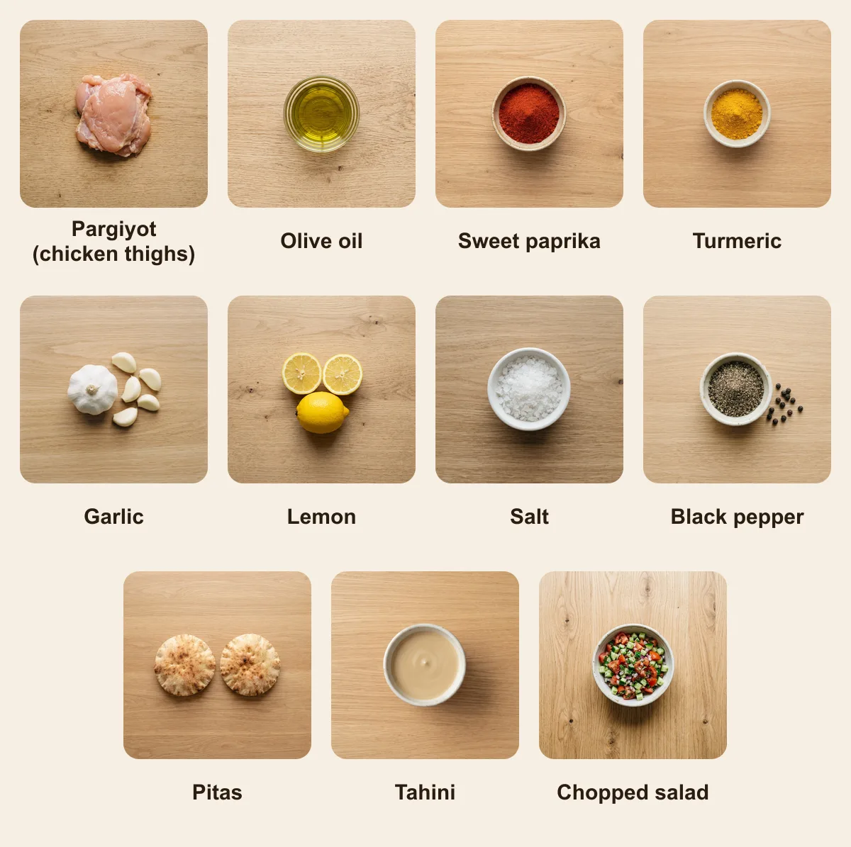 Everything you need for Shipudim, laid out from above: Pargiyot (chicken thighs), Olive oil, Sweet paprika, Turmeric, Garlic, Lemon, Salt, Black pepper, Pitas, Tahini, Chopped salad (AI illustration)