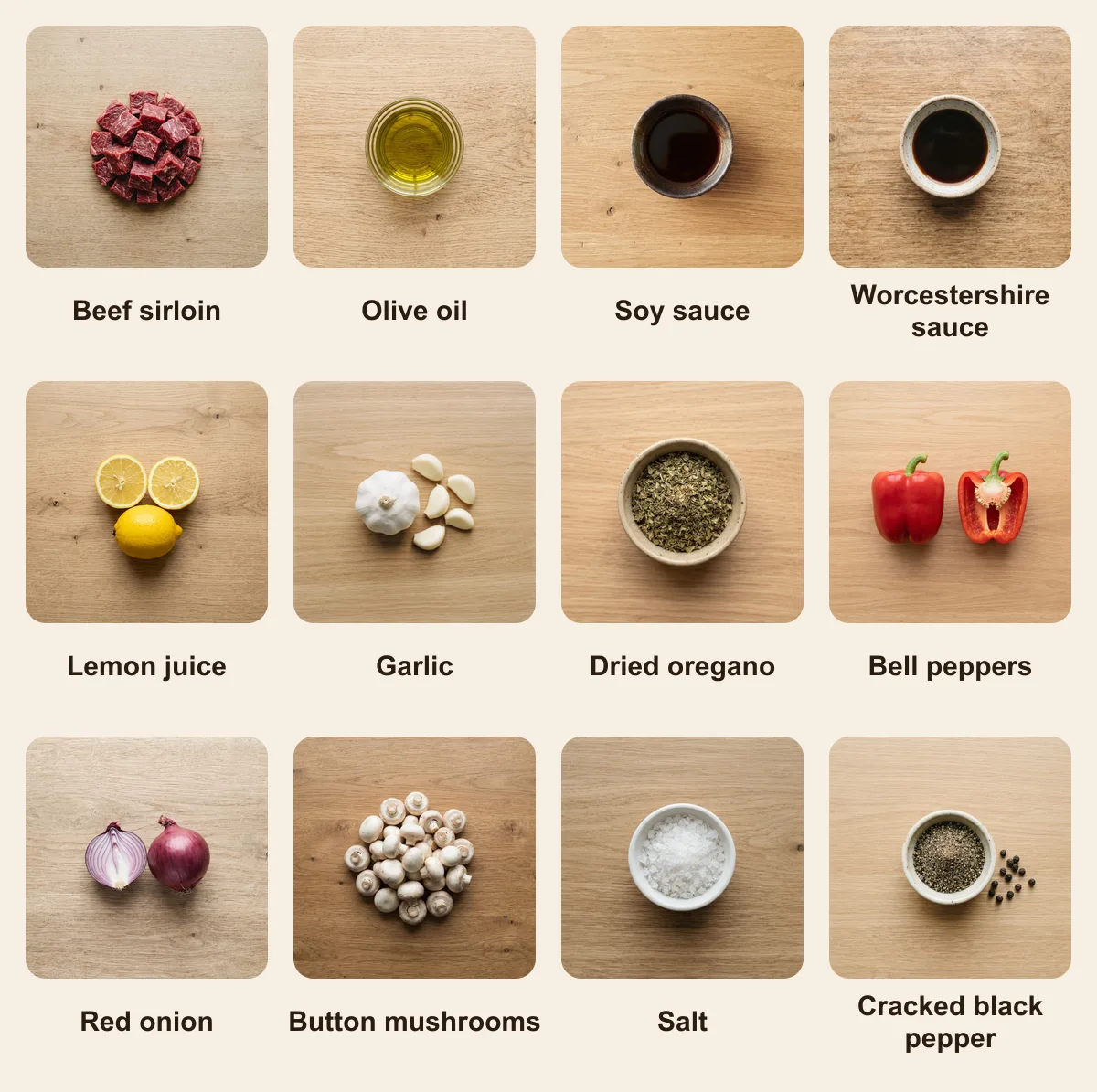 Everything you need for Shish Kebab (North American), laid out from above: Beef sirloin, Olive oil, Soy sauce, Worcestershire sauce, Lemon juice, Garlic, Dried oregano, Bell peppers, Red onion, Button mushrooms, Salt, Cracked black pepper (AI illustration)