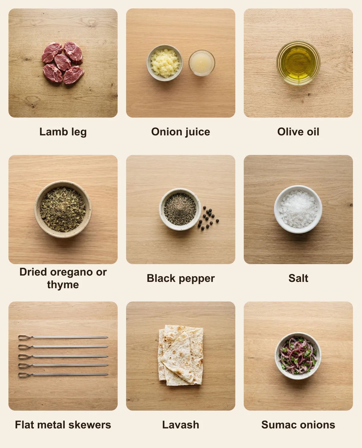 Everything you need for Shish Kebab, laid out from above: Lamb leg, Onion juice, Olive oil, Dried oregano or thyme, Black pepper, Salt, Flat metal skewers, Lavash, Sumac onions (AI illustration)