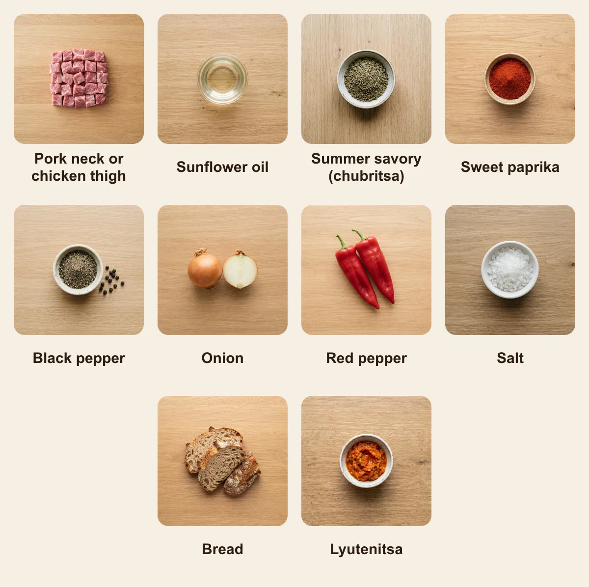 Everything you need for Shishcheta, laid out from above: Pork neck or chicken thigh, Sunflower oil, Summer savory (chubritsa), Sweet paprika, Black pepper, Onion, Red pepper, Salt, Bread, Lyutenitsa (AI illustration)