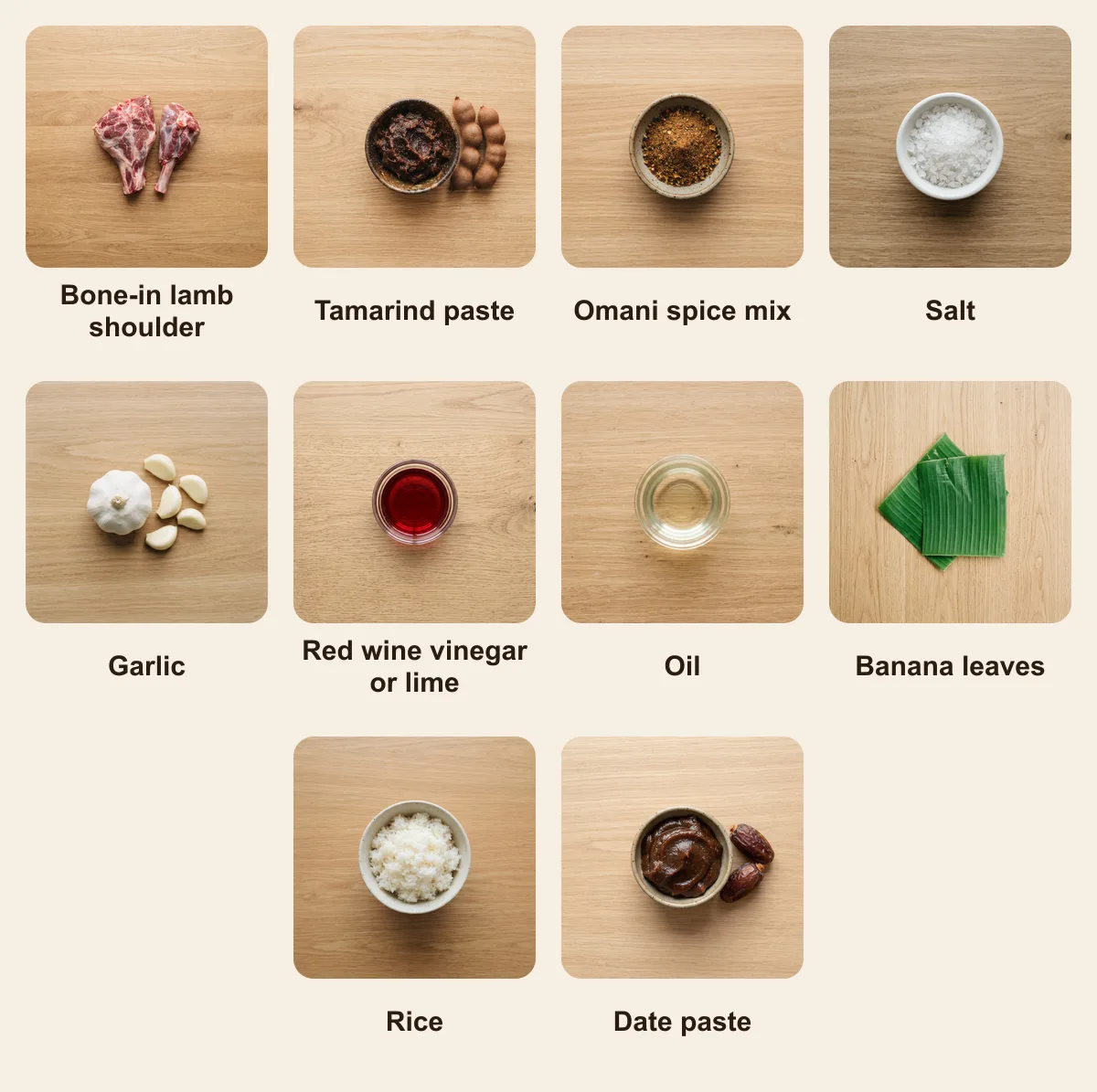 Everything you need for Shuwa, laid out from above: Bone-in lamb shoulder, Tamarind paste, Omani spice mix, Salt, Garlic, Red wine vinegar or lime, Oil, Banana leaves, Rice, Date paste (AI illustration)