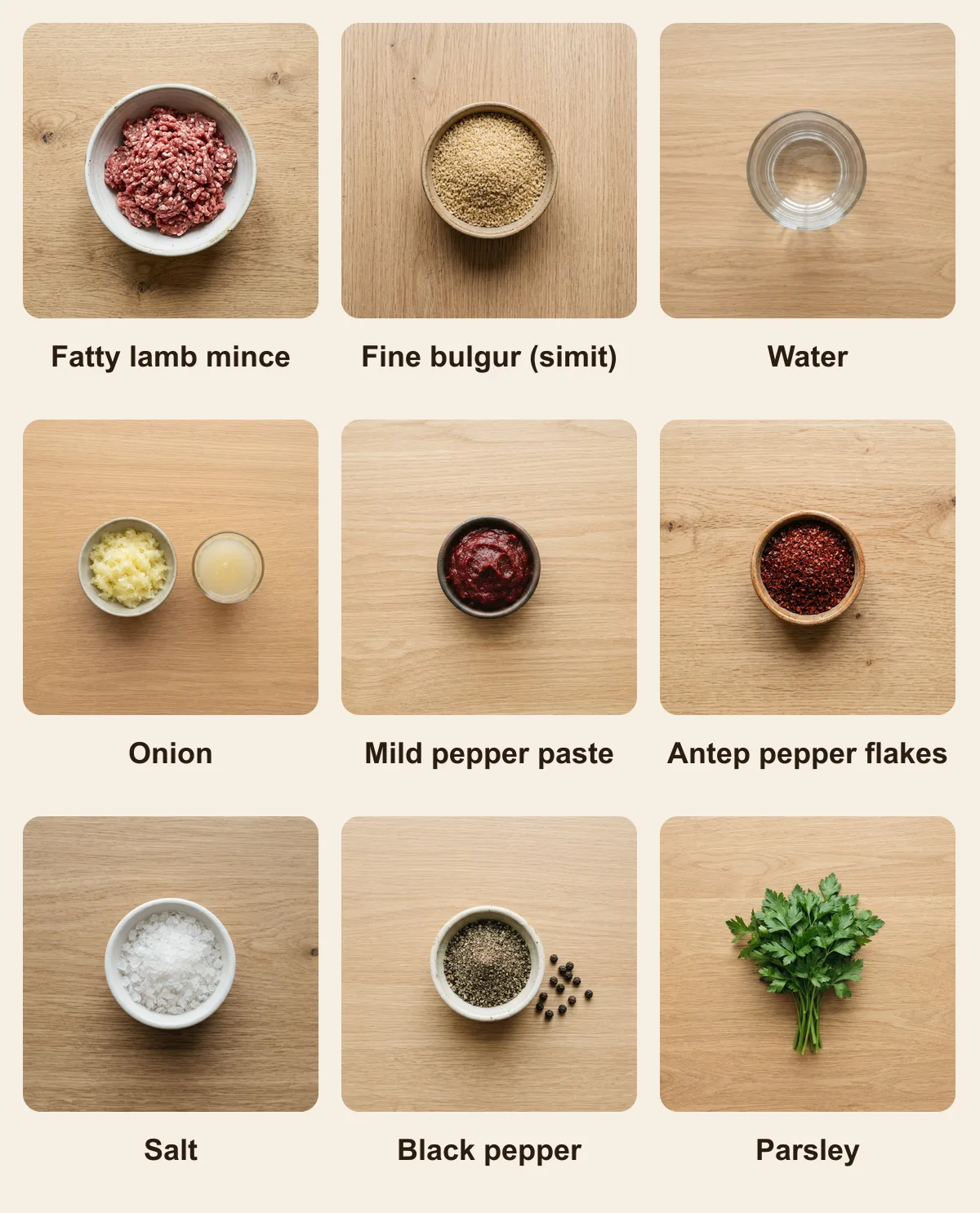 Everything you need for Simit Kebab, laid out from above: Fatty lamb mince, Fine bulgur (simit), Water, Onion, Mild pepper paste, Antep pepper flakes, Salt, Black pepper, Parsley (AI illustration)