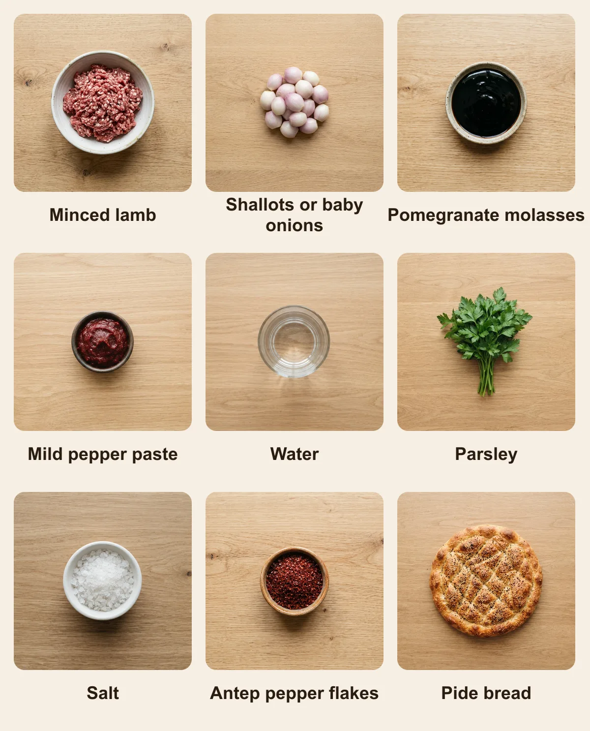 Everything you need for Sogan Kebab (Onion Kebab), laid out from above: Minced lamb, Shallots or baby onions, Pomegranate molasses, Mild pepper paste, Water, Parsley, Salt, Antep pepper flakes, Pide bread (AI illustration)