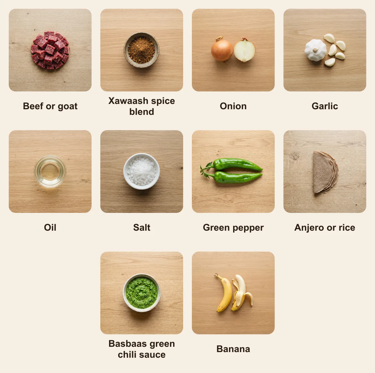 Everything you need for Somali suqaar skewers, laid out from above: Beef or goat, Xawaash spice blend, Onion, Garlic, Oil, Salt, Green pepper, Anjero or rice, Basbaas green chili sauce, Banana (AI illustration)