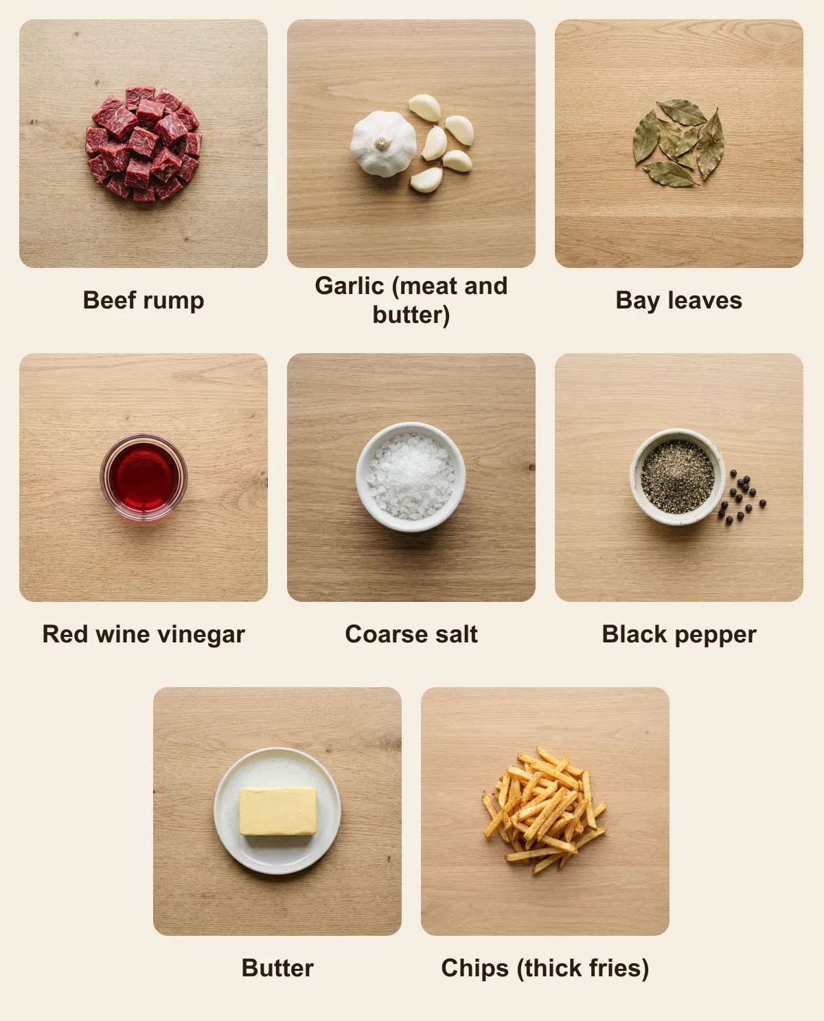 Everything you need for South African espetada, laid out from above: Beef rump, Garlic (meat and butter), Bay leaves, Red wine vinegar, Coarse salt, Black pepper, Butter, Chips (thick fries) (AI illustration)