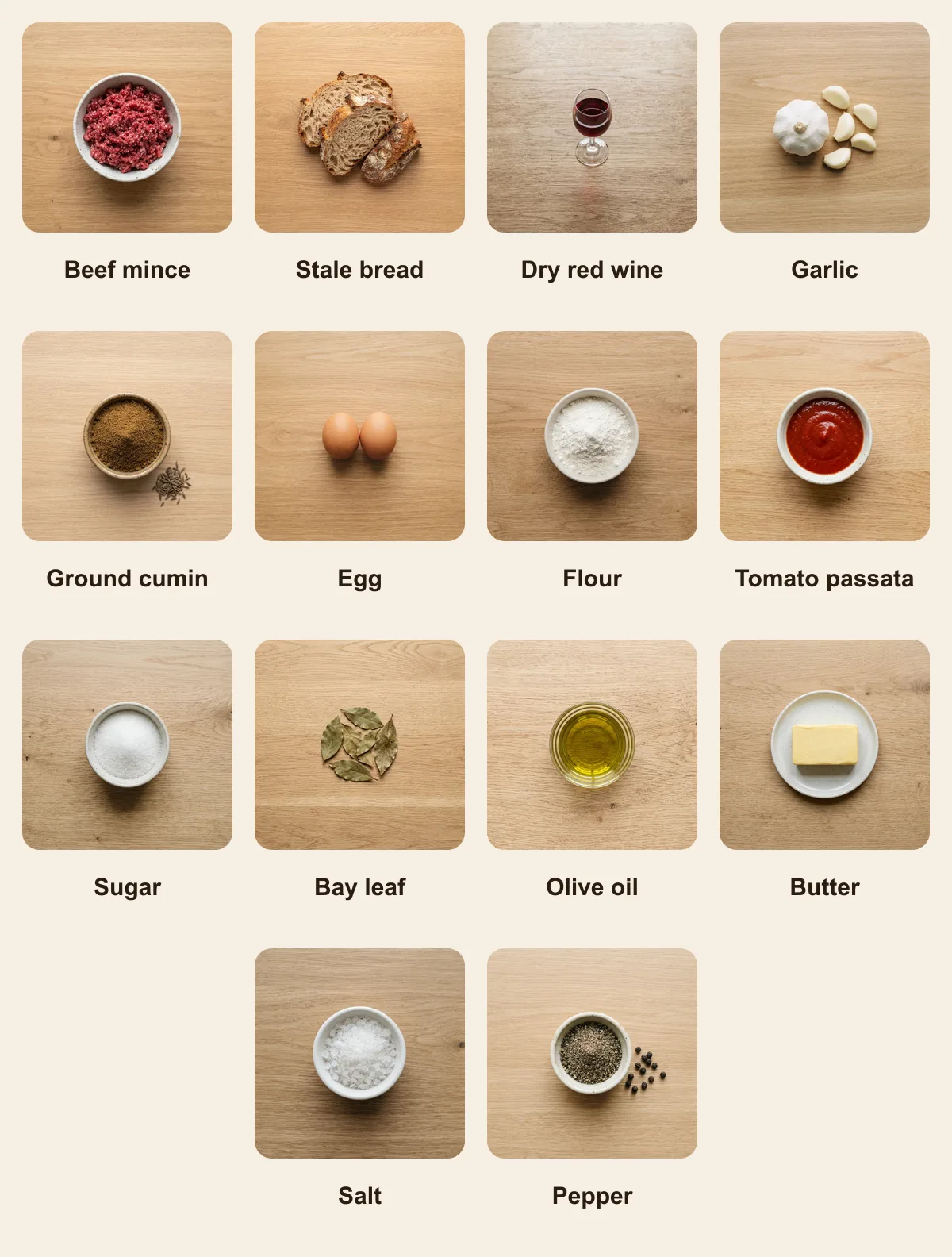 Everything you need for Soutzoukakia, laid out from above: Beef mince, Stale bread, Dry red wine, Garlic, Ground cumin, Egg, Flour, Tomato passata, Sugar, Bay leaf, Olive oil, Butter, Salt, Pepper (AI illustration)