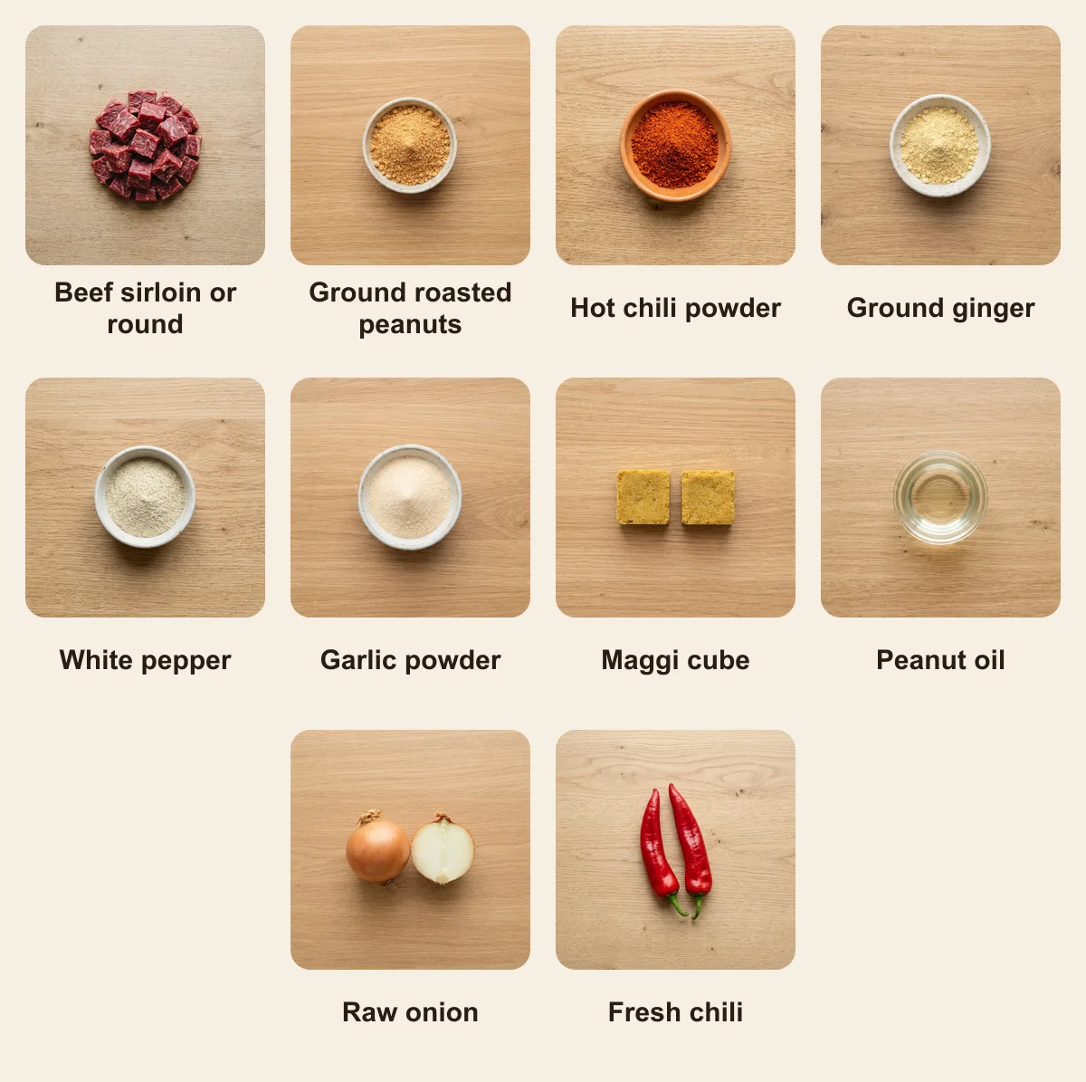 Everything you need for Soya (Cameroonian Suya), laid out from above: Beef sirloin or round, Ground roasted peanuts, Hot chili powder, Ground ginger, White pepper, Garlic powder, Maggi cube, Peanut oil, Raw onion, Fresh chili (AI illustration)