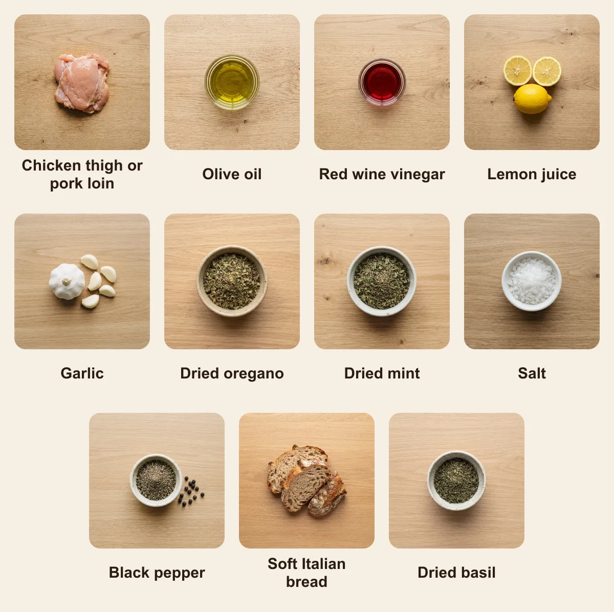 Everything you need for Spiedie, laid out from above: Chicken thigh or pork loin, Olive oil, Red wine vinegar, Lemon juice, Garlic, Dried oregano, Dried mint, Salt, Black pepper, Soft Italian bread, Dried basil (AI illustration)