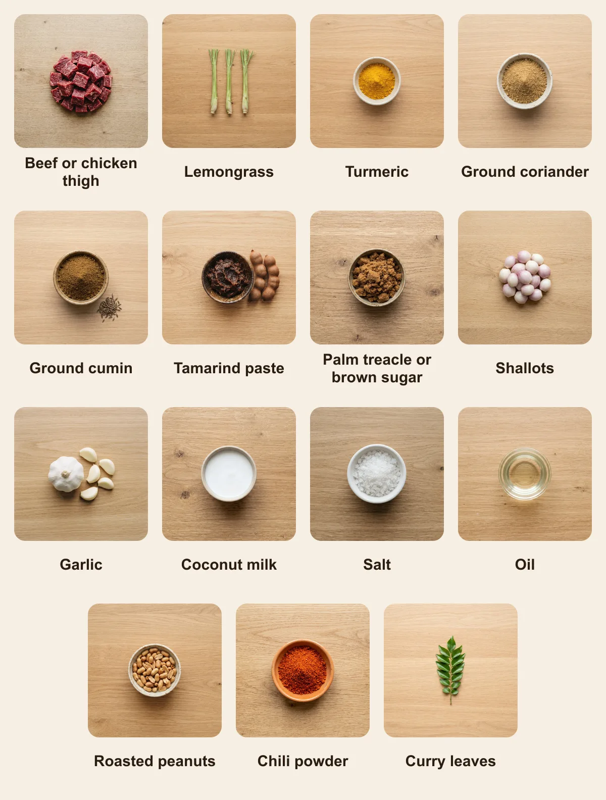 Everything you need for Sri Lankan Sathe, laid out from above: Beef or chicken thigh, Lemongrass, Turmeric, Ground coriander, Ground cumin, Tamarind paste, Palm treacle or brown sugar, Shallots, Garlic, Coconut milk, Salt, Oil, Roasted peanuts, Chili powder, Curry leaves (AI illustration)