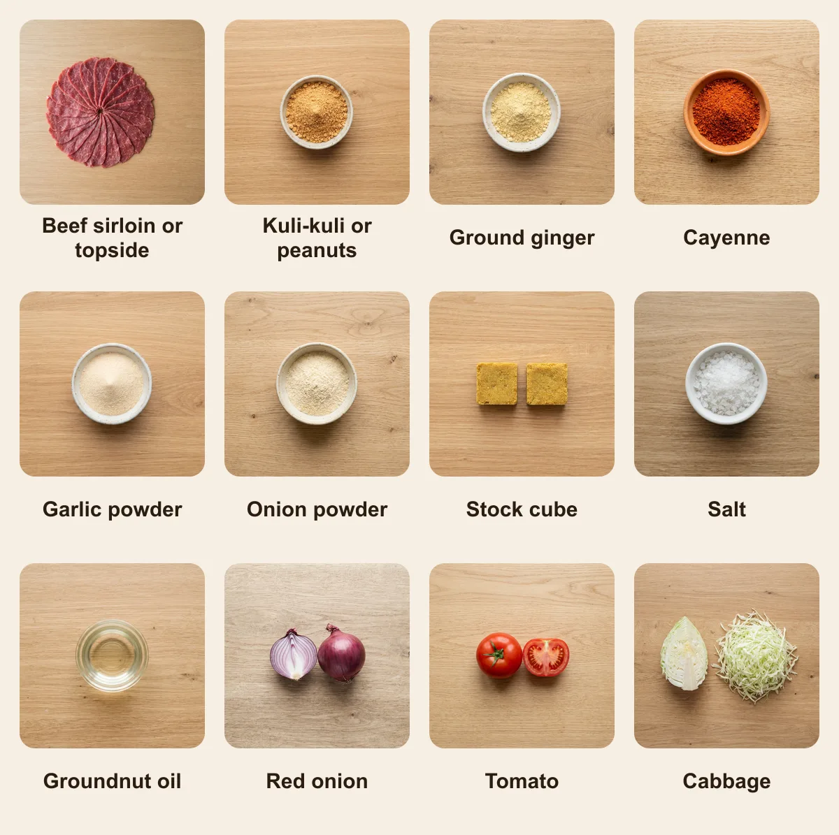 Everything you need for Suya, laid out from above: Beef sirloin or topside, Kuli-kuli or peanuts, Ground ginger, Cayenne, Garlic powder, Onion powder, Stock cube, Salt, Groundnut oil, Red onion, Tomato, Cabbage (AI illustration)