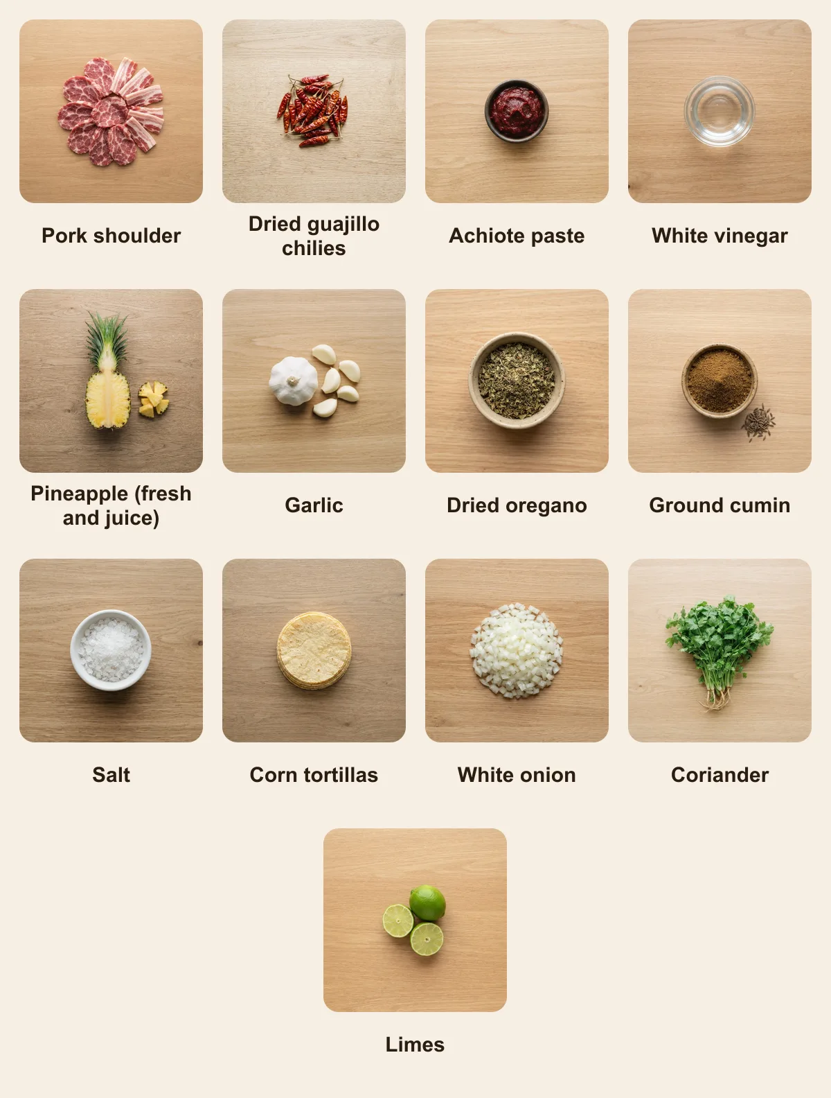 Everything you need for Tacos al Pastor, laid out from above: Pork shoulder, Dried guajillo chilies, Achiote paste, White vinegar, Pineapple (fresh and juice), Garlic, Dried oregano, Ground cumin, Salt, Corn tortillas, White onion, Coriander, Limes (AI illustration)