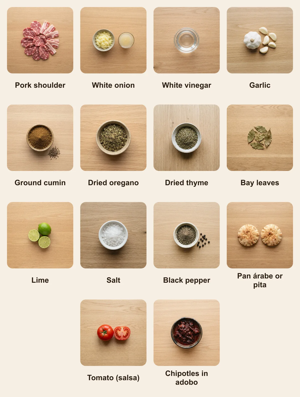 Everything you need for Tacos árabes, laid out from above: Pork shoulder, White onion, White vinegar, Garlic, Ground cumin, Dried oregano, Dried thyme, Bay leaves, Lime, Salt, Black pepper, Pan árabe or pita, Tomato (salsa), Chipotles in adobo (AI illustration)