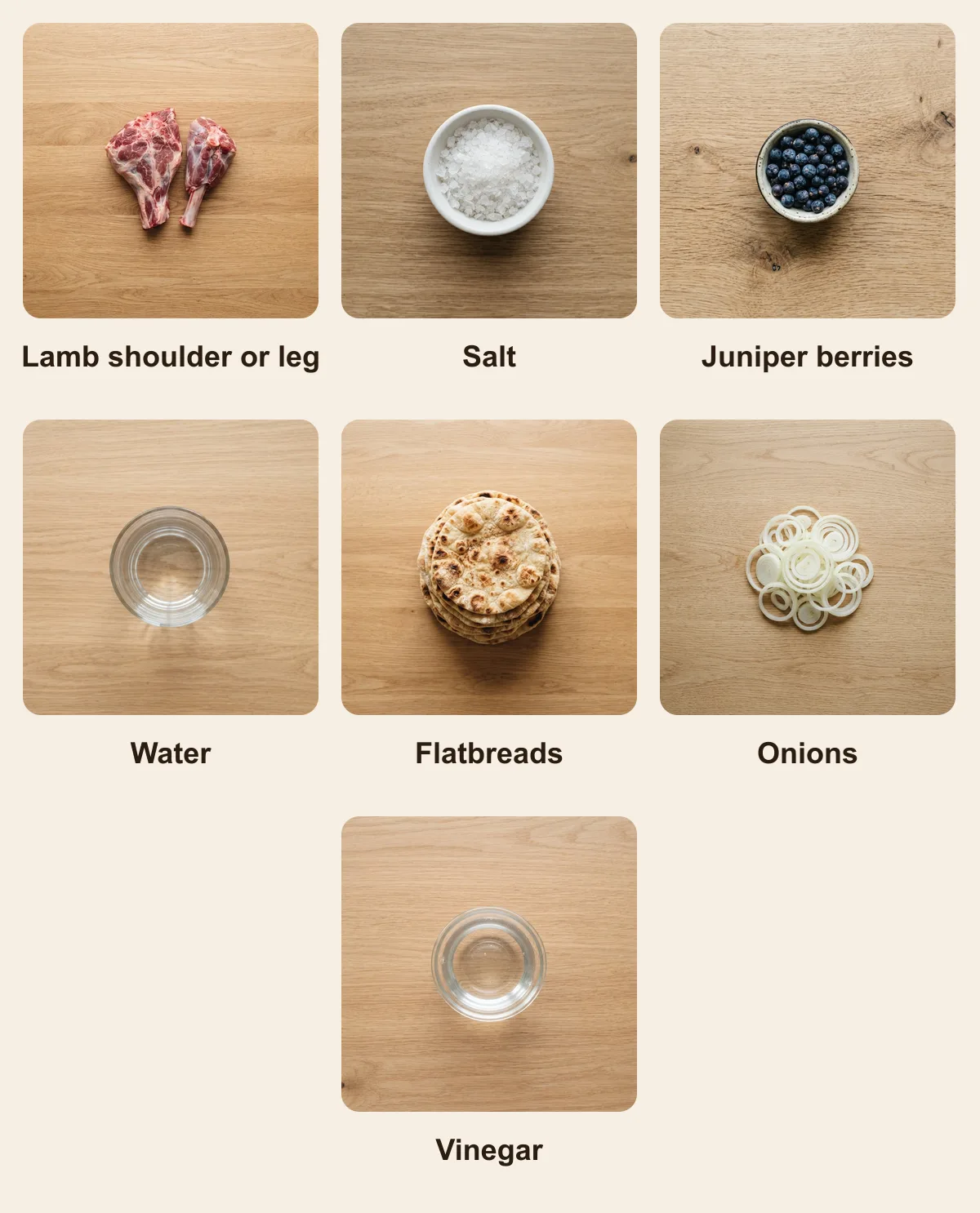 Everything you need for Tandir Kabob, laid out from above: Lamb shoulder or leg, Salt, Juniper berries, Water, Flatbreads, Onions, Vinegar (AI illustration)