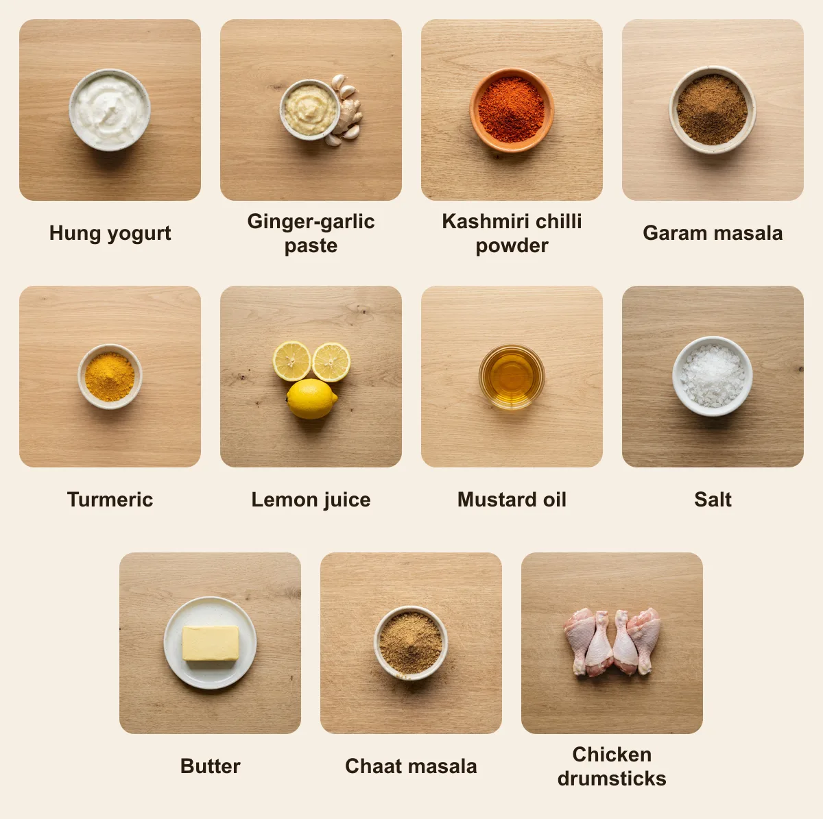 Everything you need for Tangdi Kebab, laid out from above: Hung yogurt, Ginger-garlic paste, Kashmiri chilli powder, Garam masala, Turmeric, Lemon juice, Mustard oil, Salt, Butter, Chaat masala, Chicken drumsticks (AI illustration)