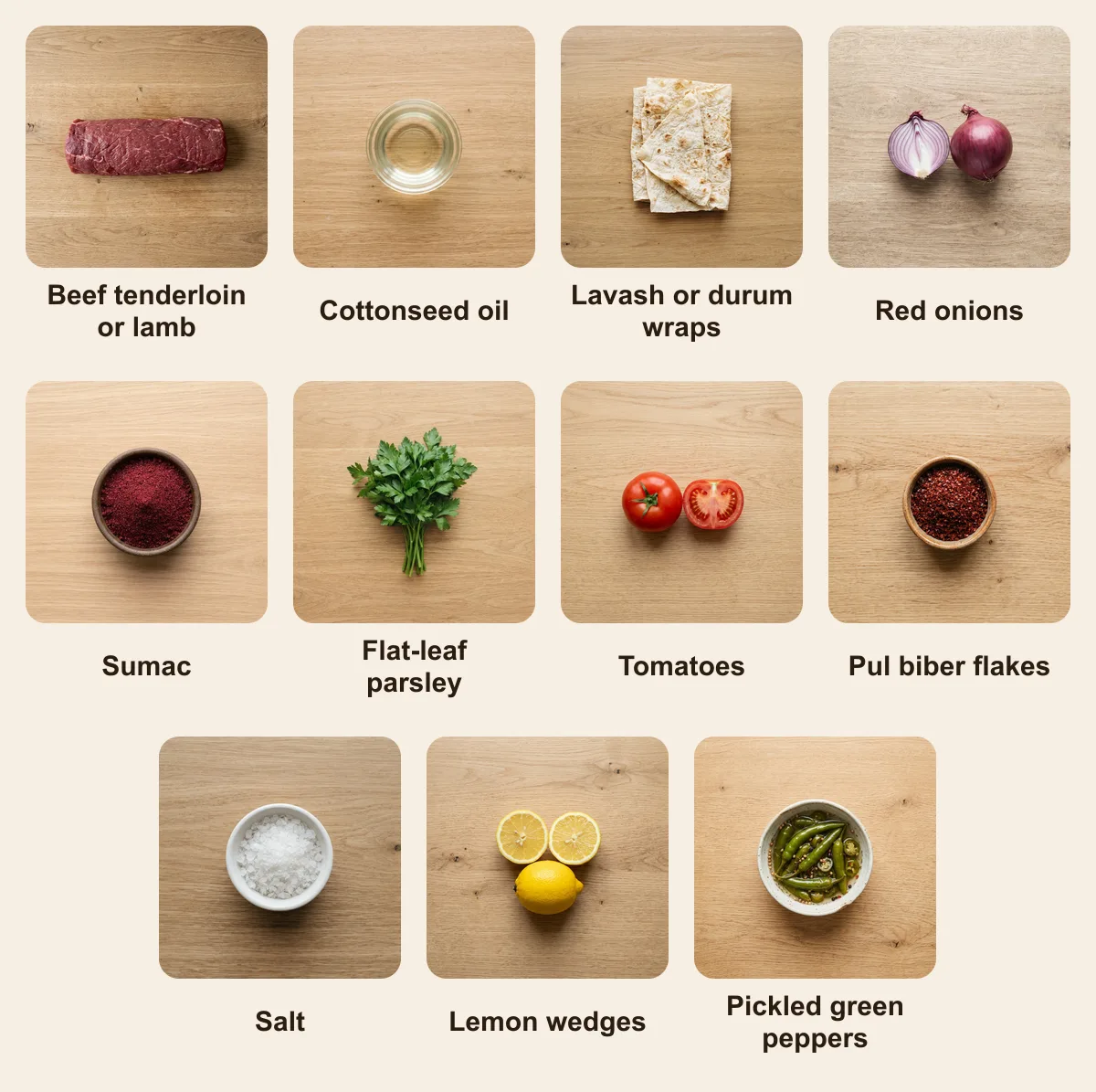 Everything you need for Tantuni, laid out from above: Beef tenderloin or lamb, Cottonseed oil, Lavash or durum wraps, Red onions, Sumac, Flat-leaf parsley, Tomatoes, Pul biber flakes, Salt, Lemon wedges, Pickled green peppers (AI illustration)