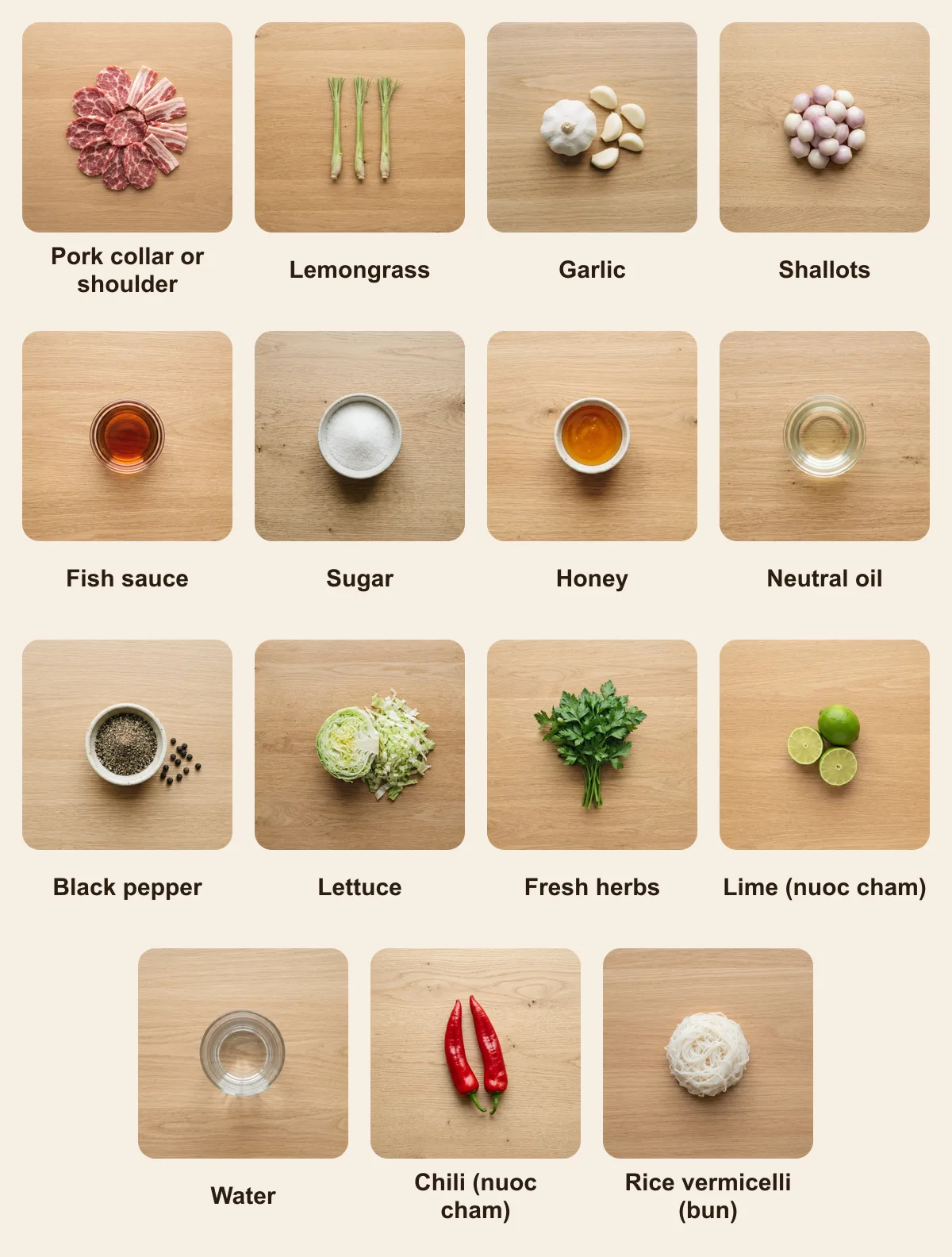 Everything you need for Thit Nuong, laid out from above: Pork collar or shoulder, Lemongrass, Garlic, Shallots, Fish sauce, Sugar, Honey, Neutral oil, Black pepper, Lettuce, Fresh herbs, Lime (nuoc cham), Water, Chili (nuoc cham), Rice vermicelli (bun) (AI illustration)